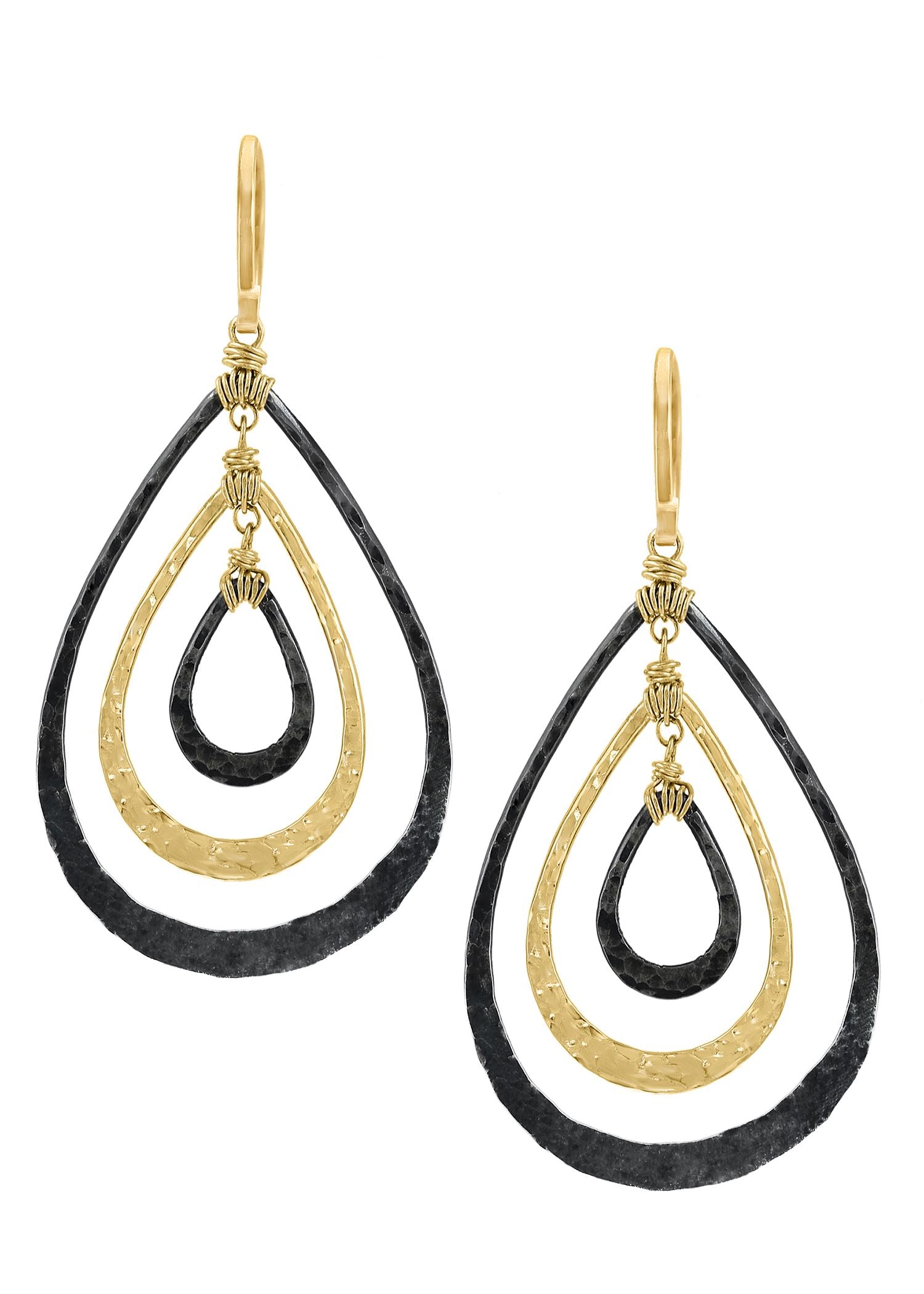 Triple tier teardrop earrings in 14k gold fill and blackened sterling silver with hand wire-wrapped details.