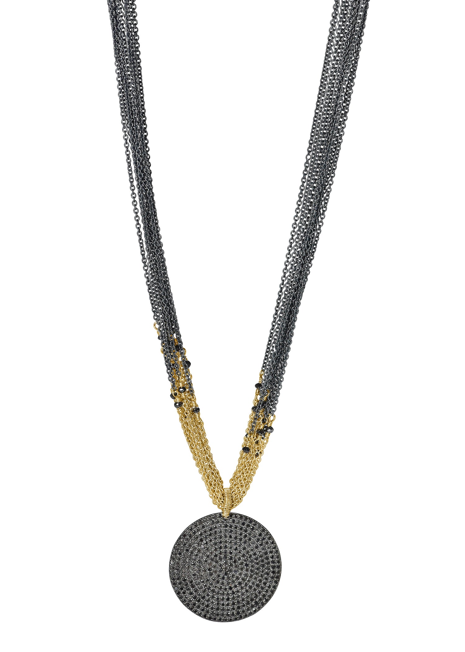 Black diamonds 14k gold Blackened sterling silver Mixed metal Twelve chains measure 17" in length Pendant measures 15/16" in diameter Handmade in our Los Angeles studio