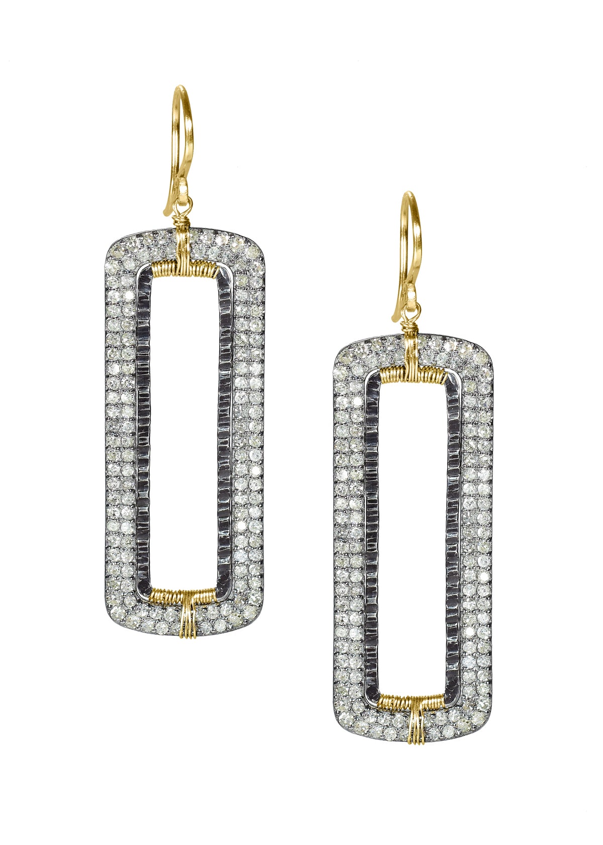 Diamond 14k gold Sterling silver Mixed metal Earrings measure 2&quot; in length (including the ear wires) and 5/8&quot; in width Handmade in our Los Angeles studio