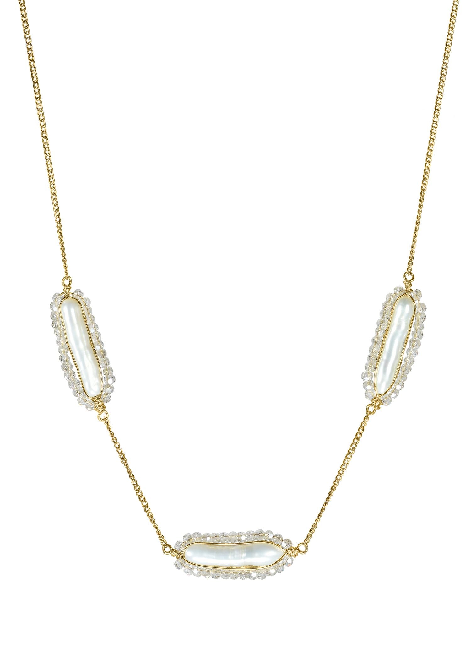 Fresh water pearl Crystal 14k gold fill Necklace measures 16” in length Pendant measures 3/4" in length and 5/16" in width (x3) Handmade in our Los Angeles studio
