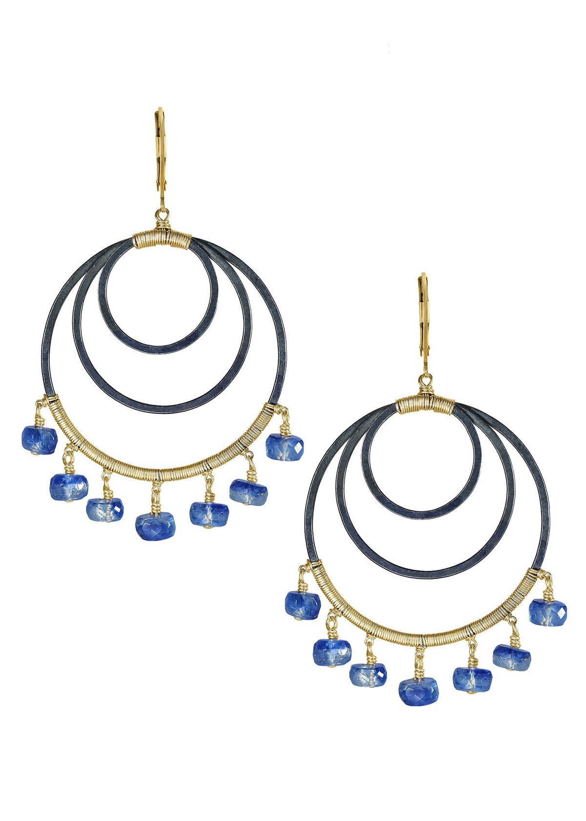 Kyanite 14k gold fill Blackened sterling silver Earrings measure 2-7/16&quot; in length (including the levers) and 1-5/16&quot; in width Handmade in our Los Angeles studio