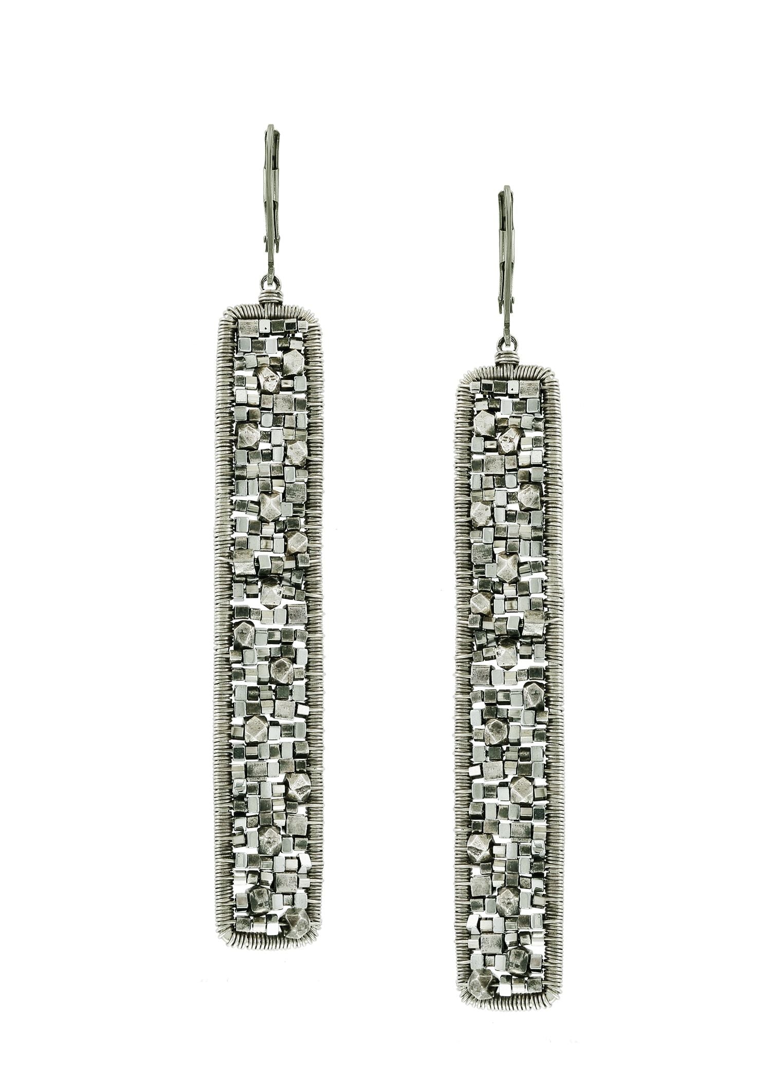 Sterling silver Hematite seed beads Earrings measure 2-7/8" in length (including the levers) and 3/8" in width Handmade in our Los Angeles studio