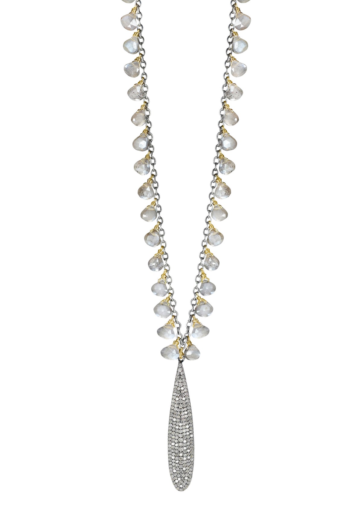 Diamond Gray moonstone 14k gold Sterling silver Mixed metal Special order only Necklace measures 21&quot; in length Moonstone measures 3/16&quot; in length and 3/16&quot; in width at the widest point Pave pendant measures 1-5/8&quot; in length and 5/16&quot; in width Handmade in our Los Angeles studio 