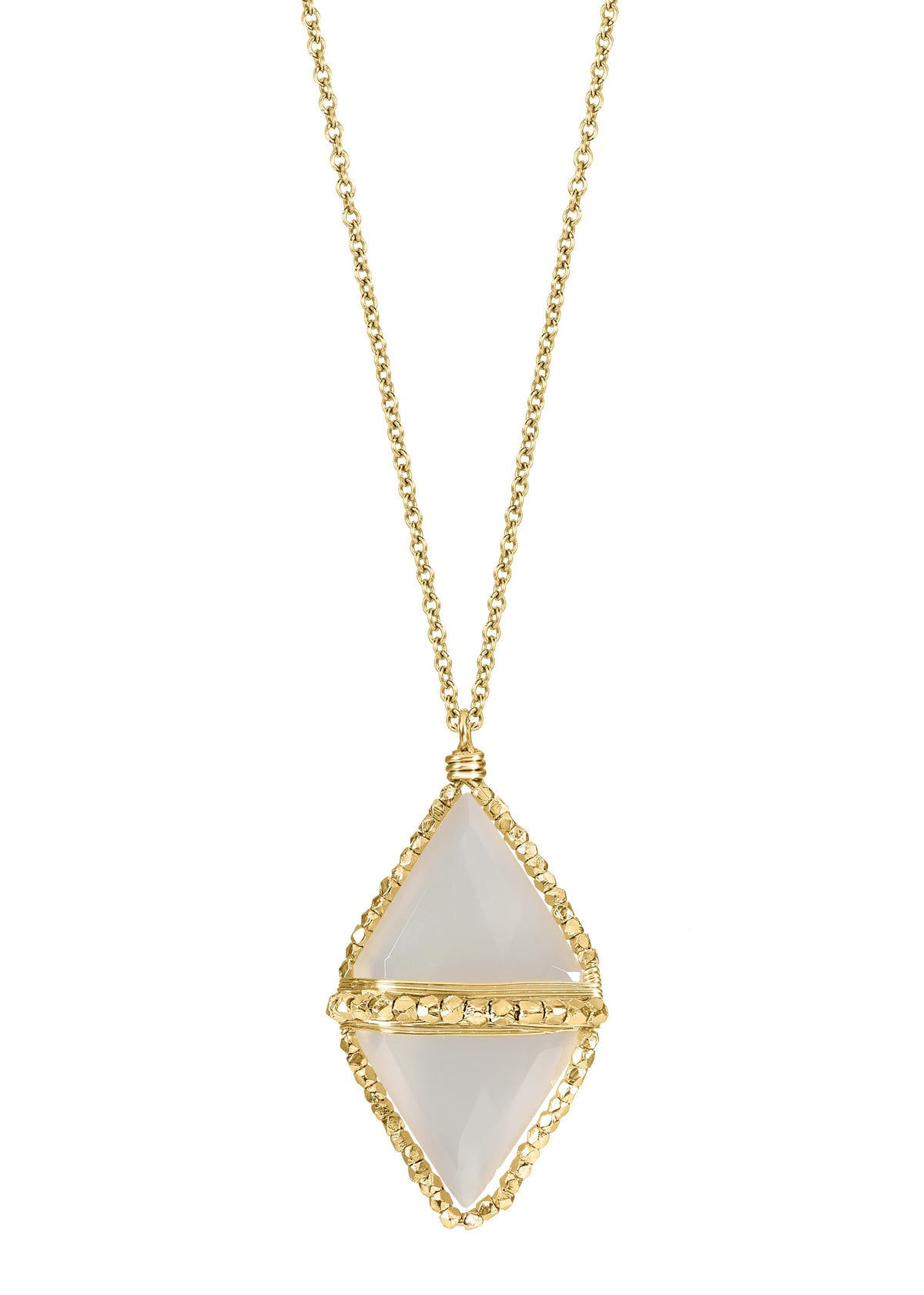 White moonstone pendant necklace with hand wire-wrapped 14k gold fill beads on a 22-inch chain.