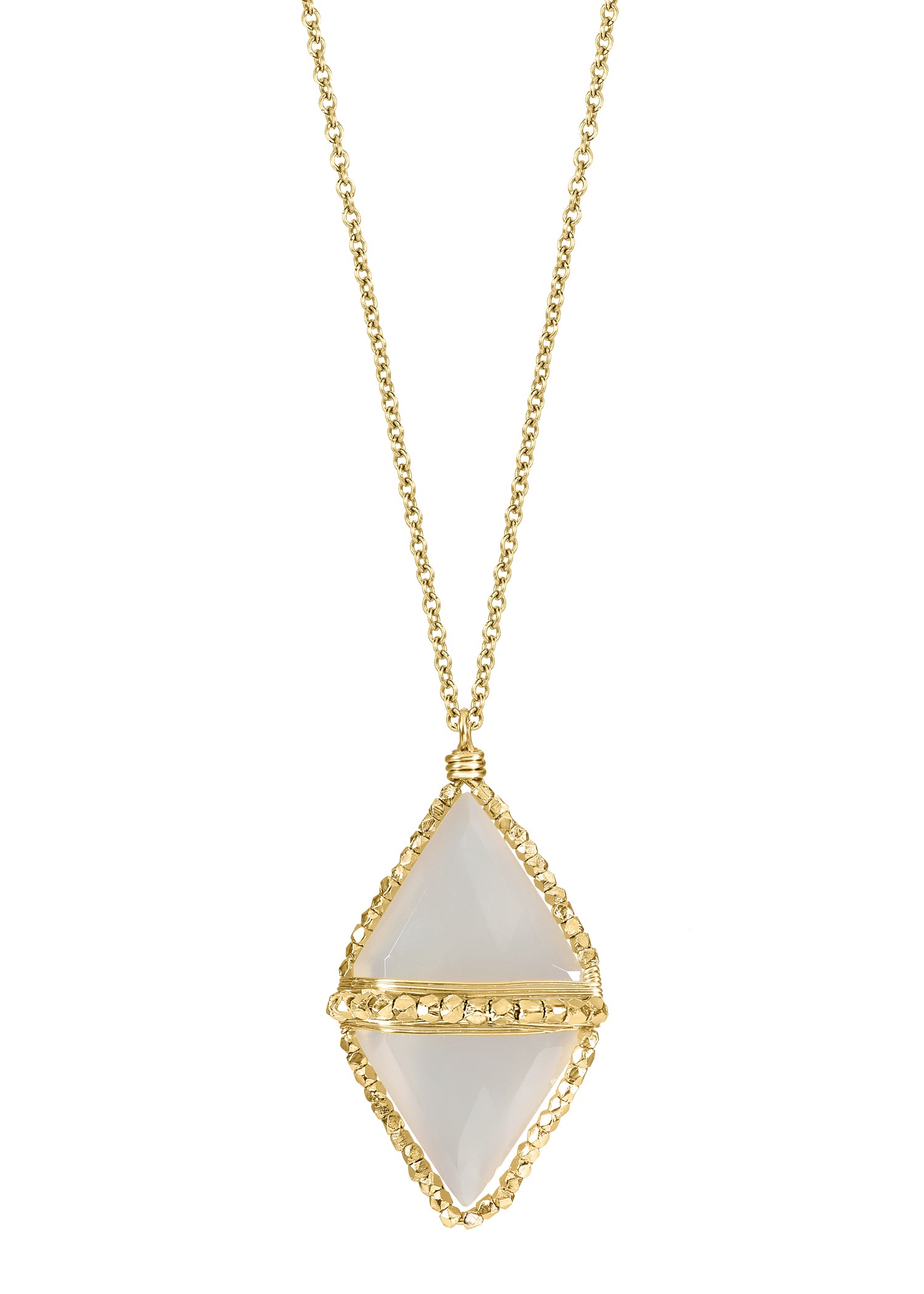 White moonstone pendant necklace with hand wire-wrapped 14k gold fill beads on a 22-inch chain.