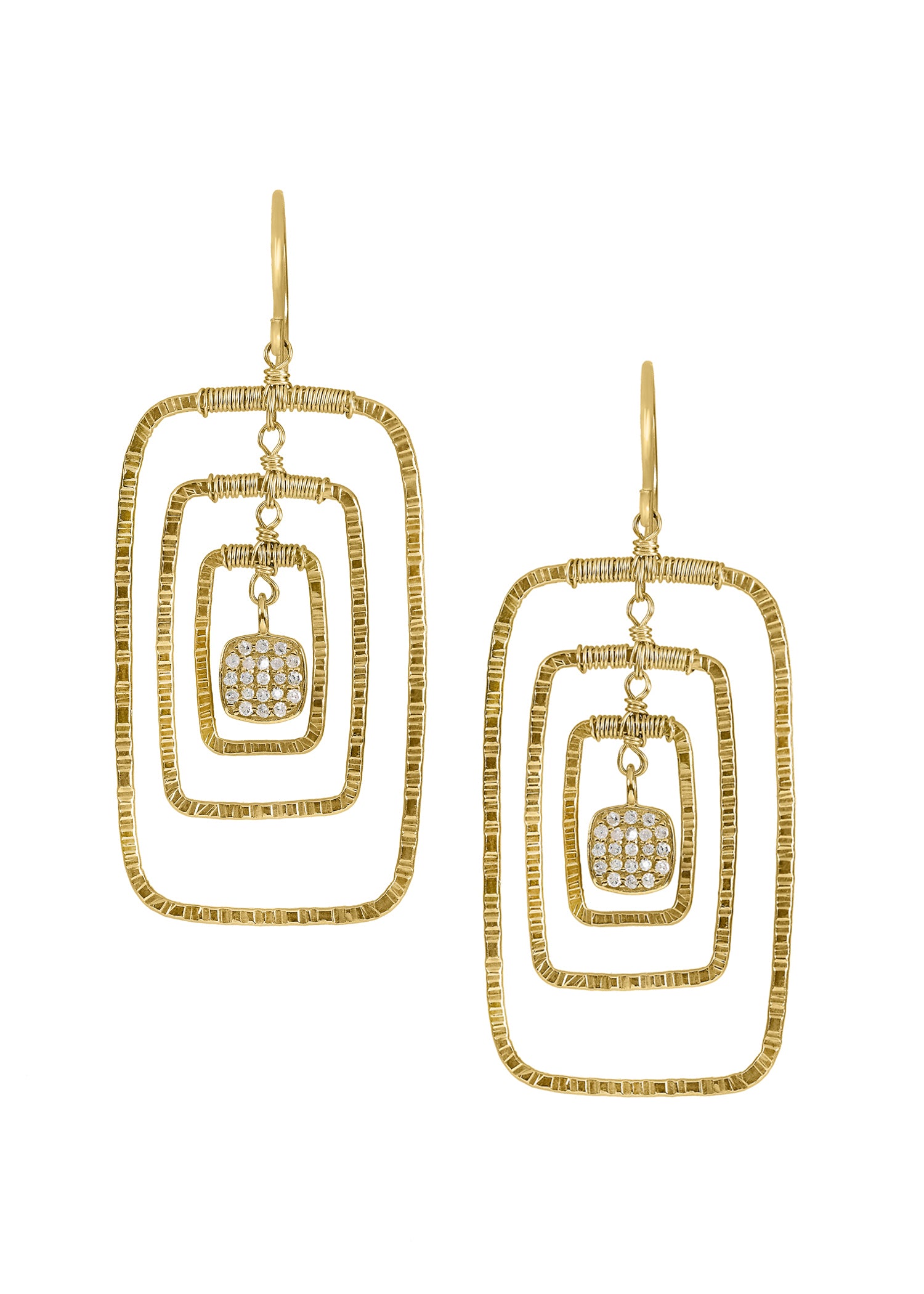 Diamond earrings in 14k gold featuring hand wire-wrapped nested rectangular frames and a square diamond center.