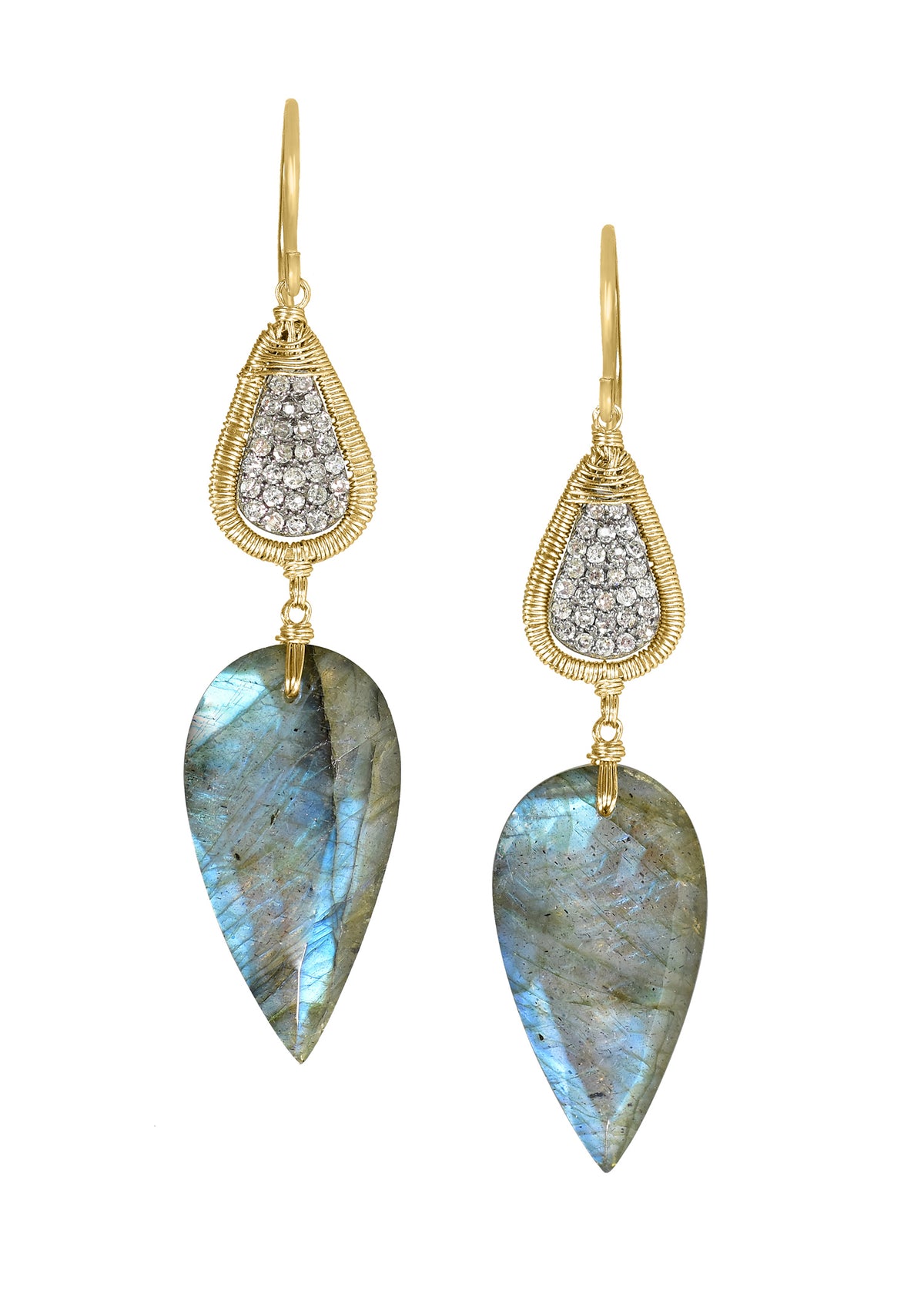 Labradorite earrings with hand wire-wrapped 14k gold and diamond pave in inverted teardrop shapes.