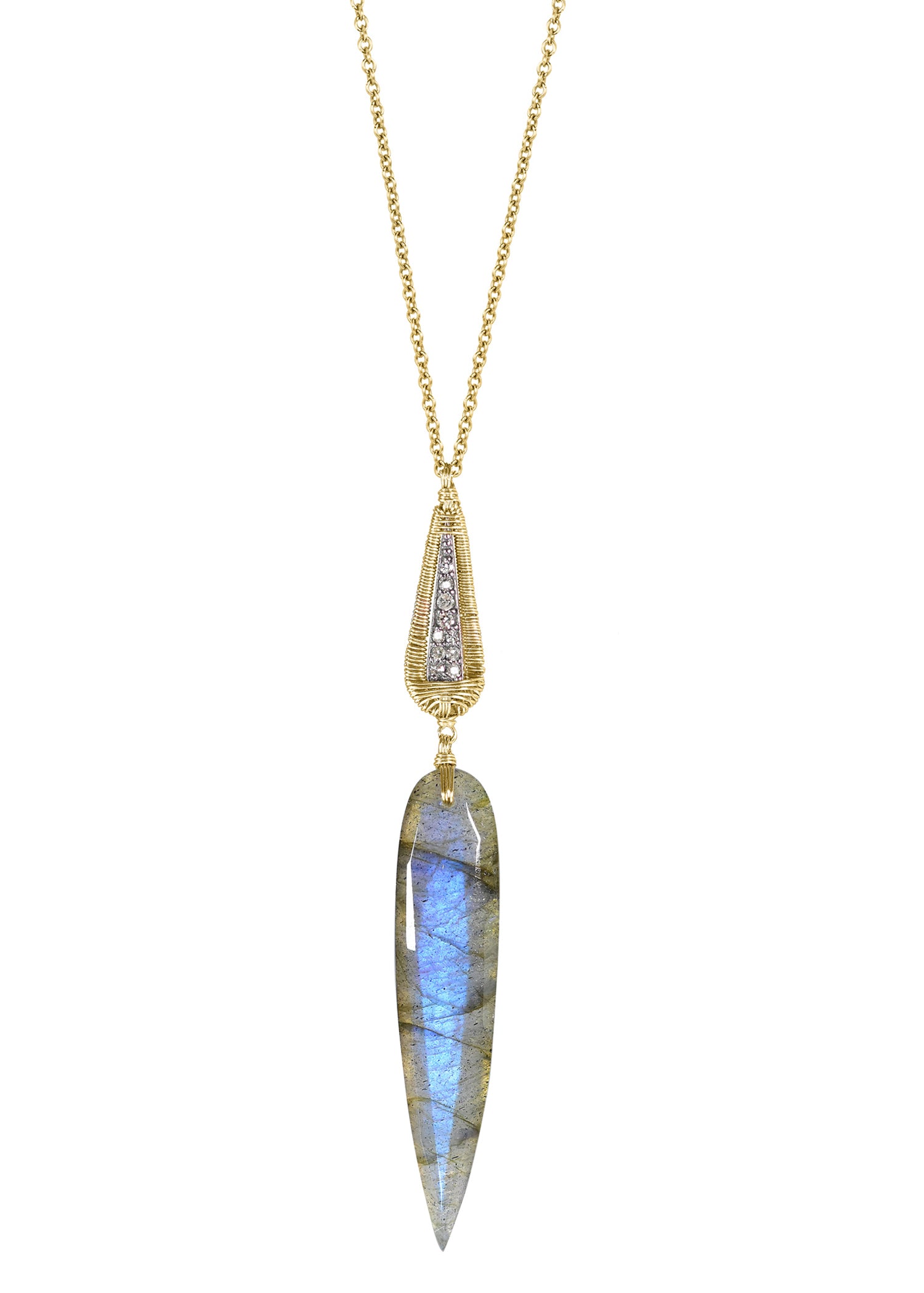 Labradorite necklace with hand wire-wrapped 14k gold and diamond pave on a 31-inch chain.