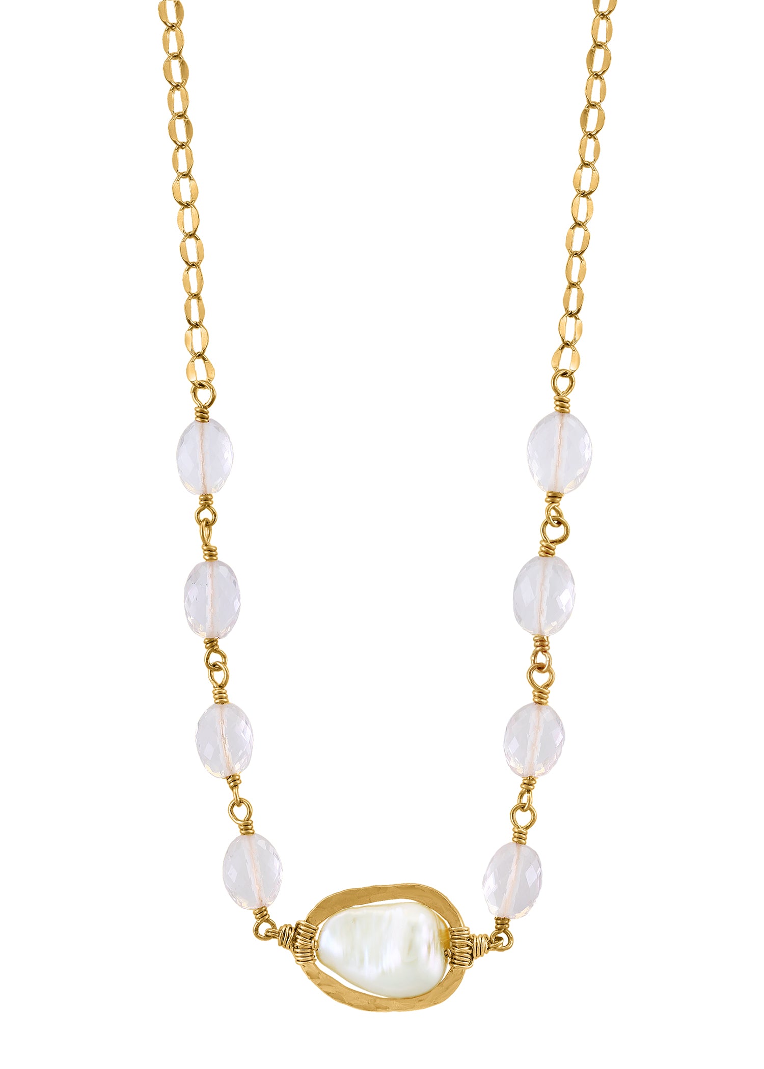 Freshwater pearl and rose quartz necklace in 14k gold fill with hand wire-wrapped stones on a 16-inch chain.