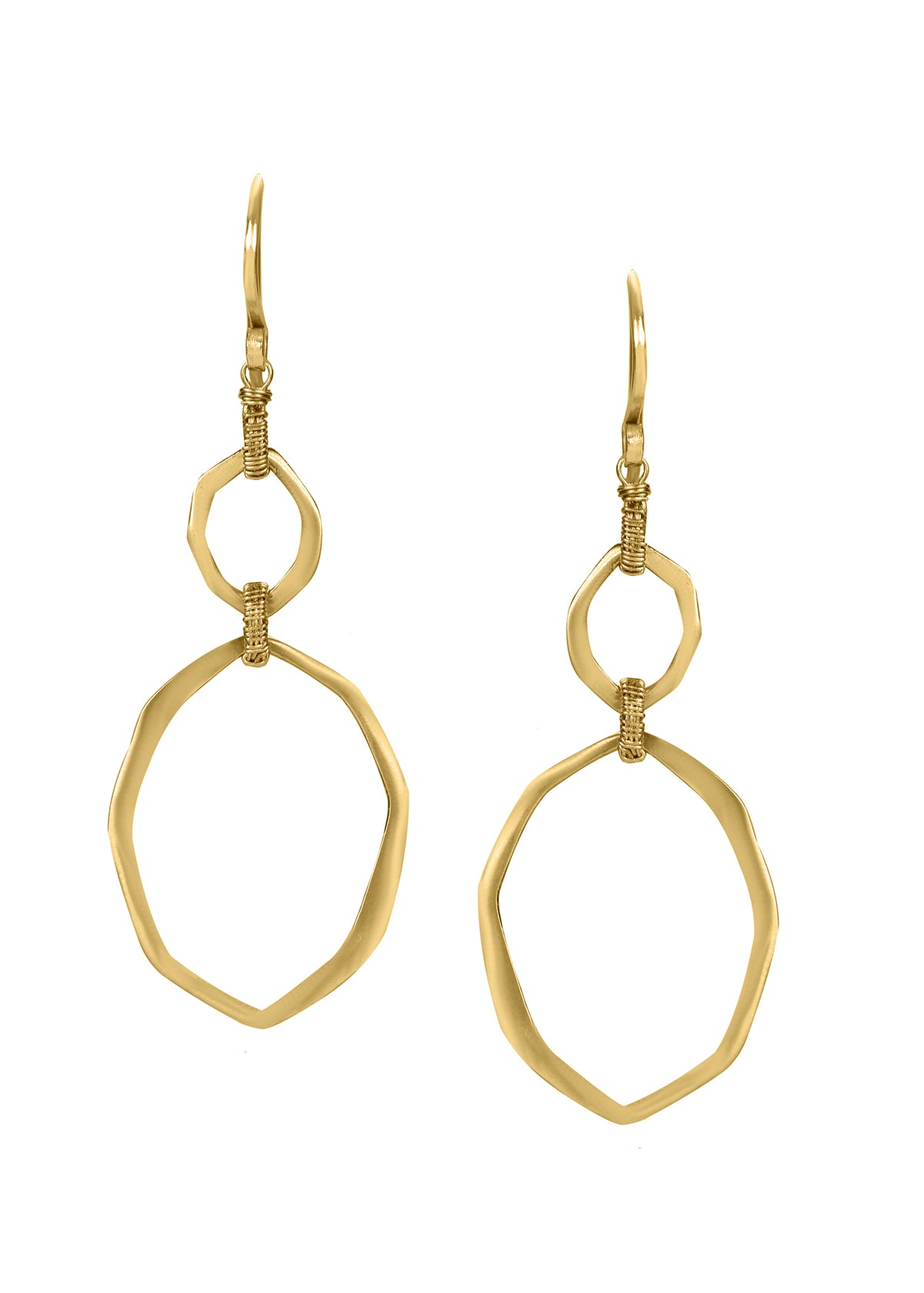 Amorphous earrings in 14k gold featuring hand wire-wrapped double drop hoops with asymmetrical links.