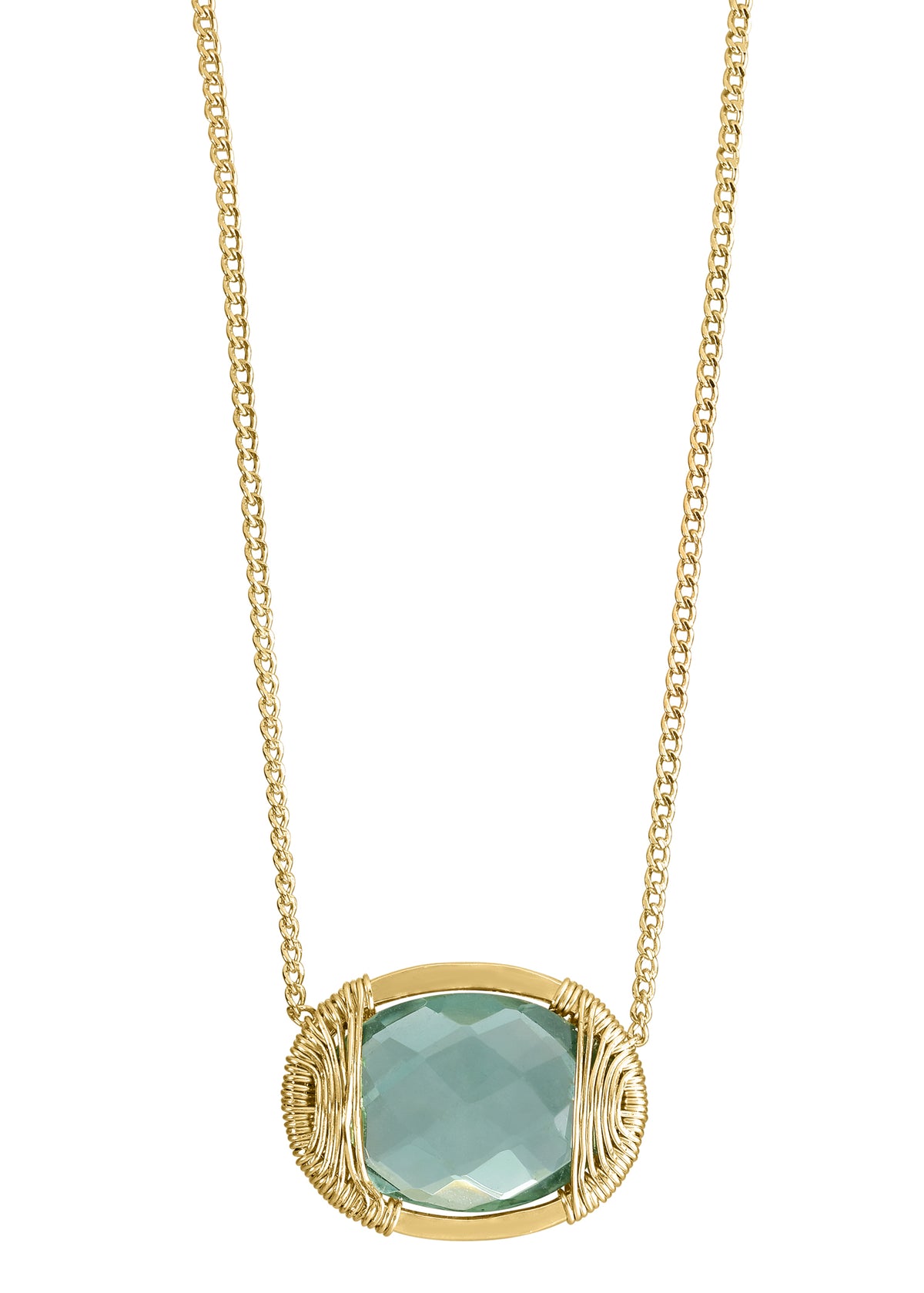 Green quartz necklace in 14k gold fill with a hand wire-wrapped cocoon setting on a delicate chain.