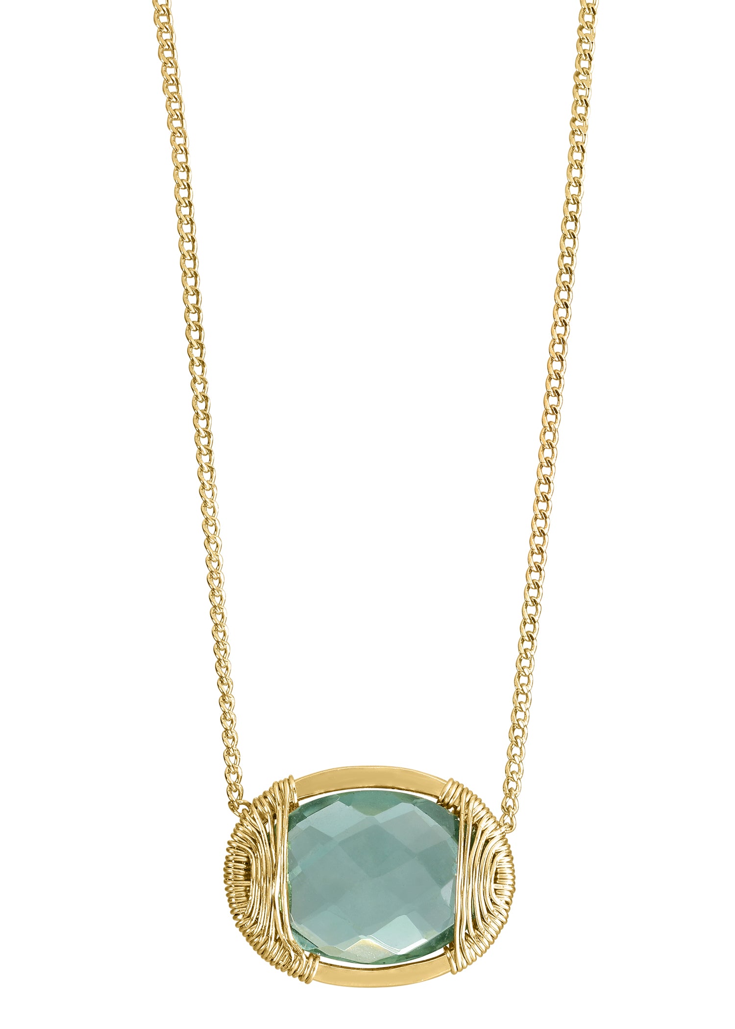 Green quartz necklace in 14k gold fill with a hand wire-wrapped cocoon setting on a delicate chain.