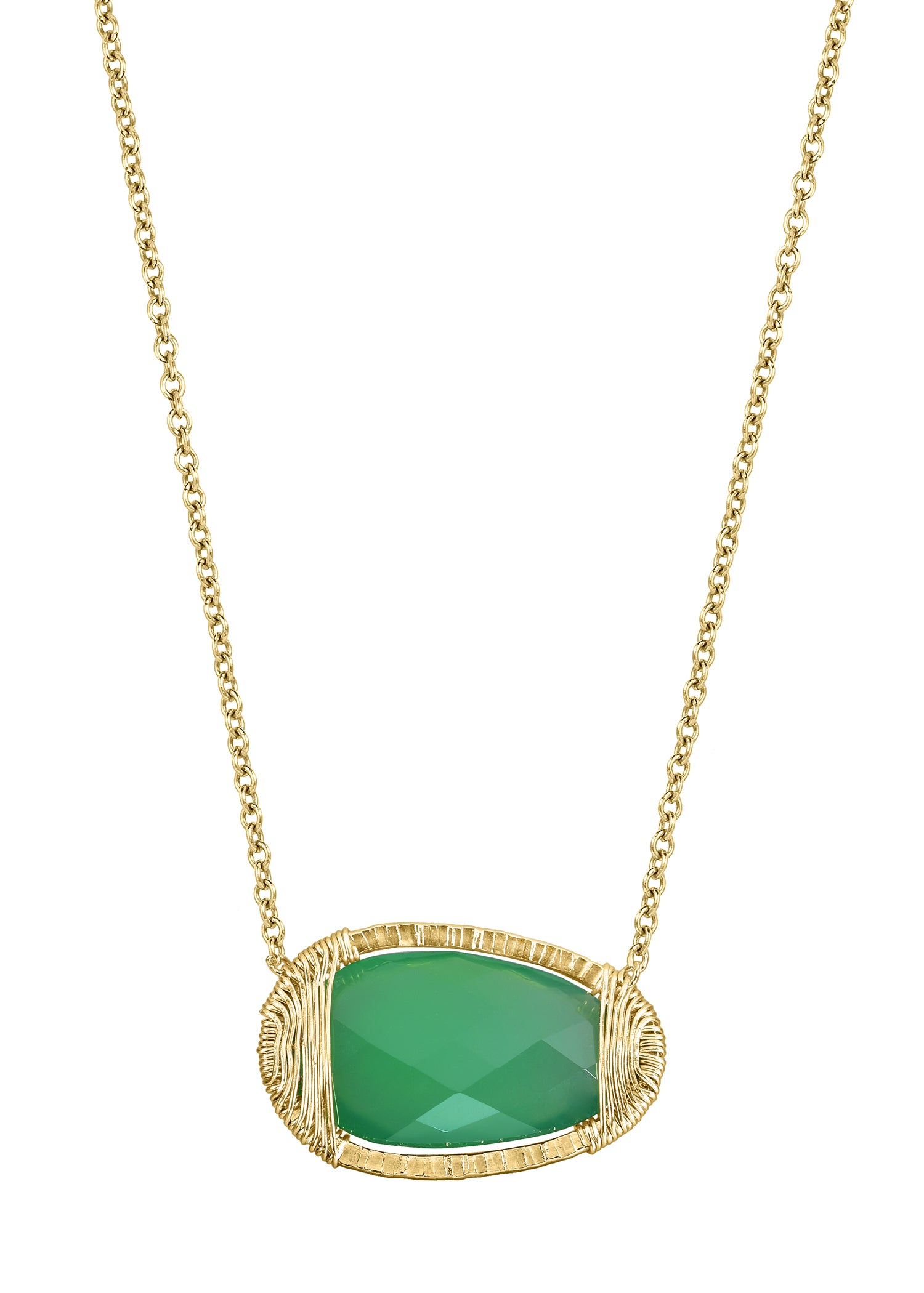 Green onyx necklace with hand wire-wrapped 14k gold fill cocoon setting on a delicate chain.