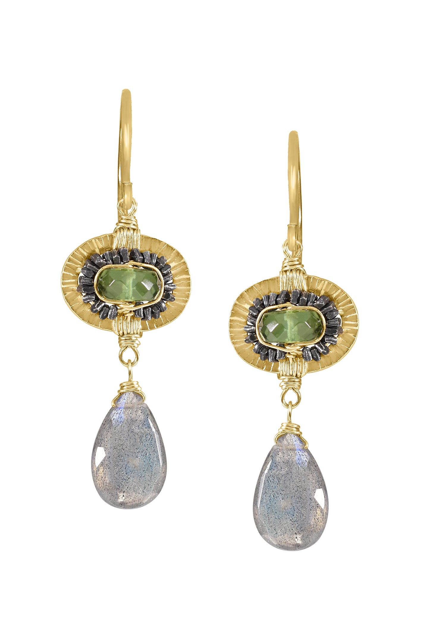 Apatite and labradorite earrings in 14k gold fill and blackened silver with hand wire-wrapped, textured oval drops.