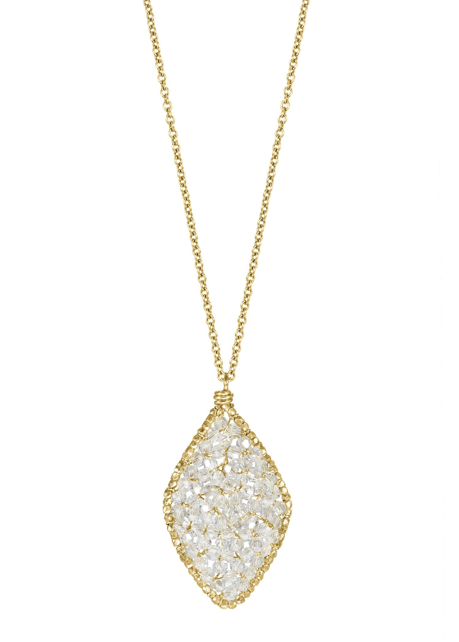 Crystal mosaic necklace in 14k gold fill with a hand wire-wrapped, marquise-shaped pendant on a 17-inch chain.