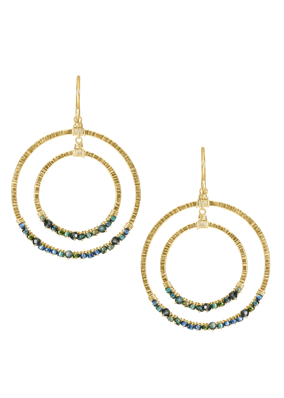 Teal quartz crystal seed bead earrings in 14k gold fill, featuring hand wire-wrapped textured double hoops.