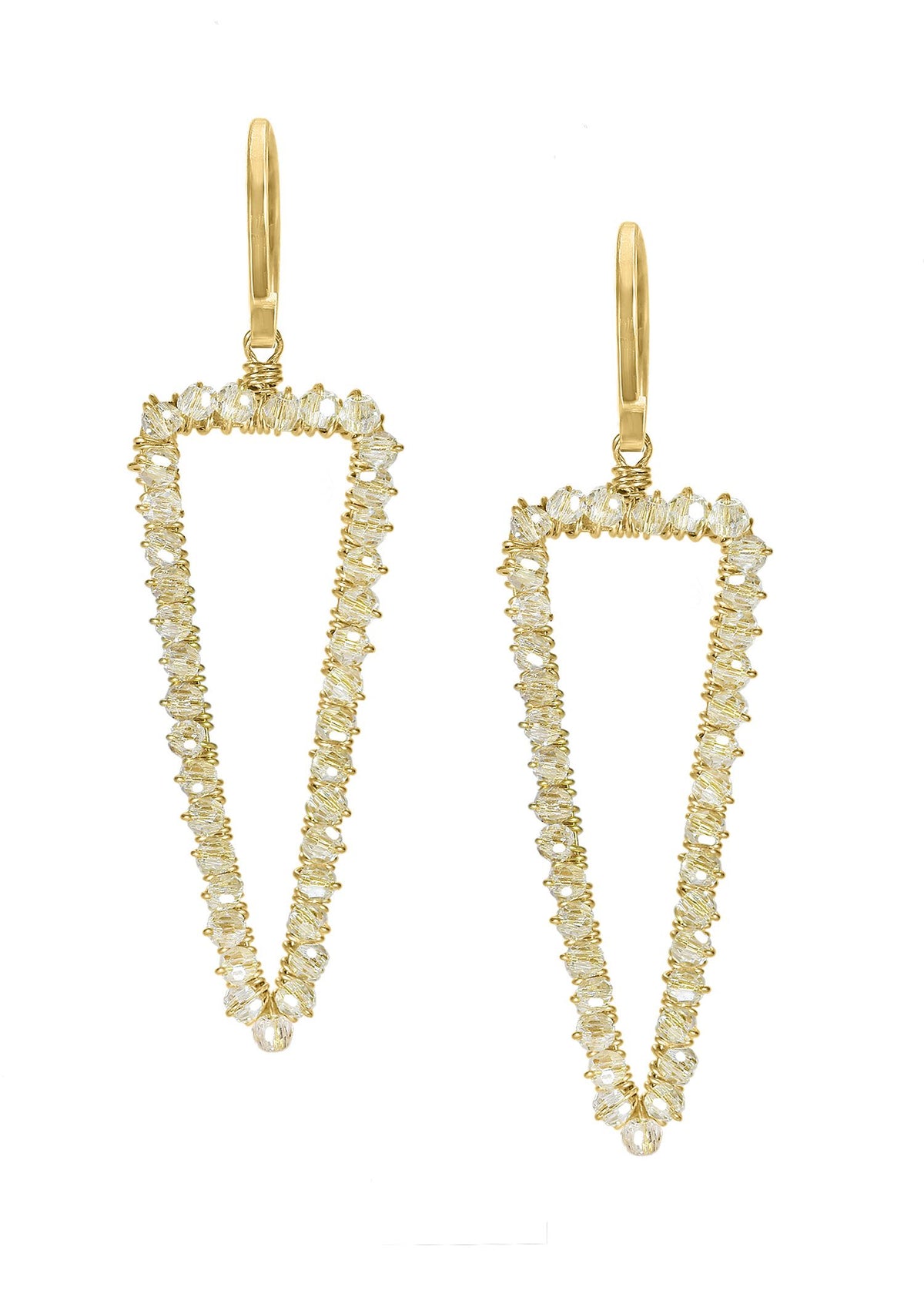 Crystal arrow earrings in 14k gold fill with hand wire-wrapped triangular frames on gold ear wires.