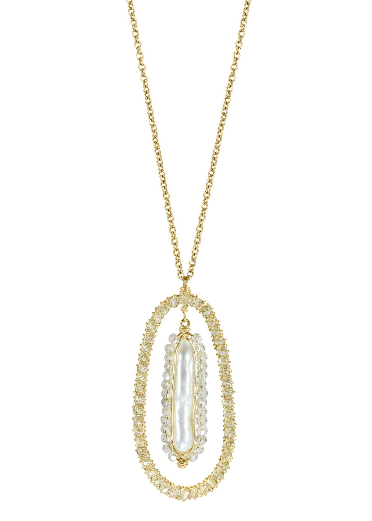 Freshwater pearl necklace with crystal in 14k gold fill, featuring a hand wire-wrapped oval pendant on an 18-inch chain.