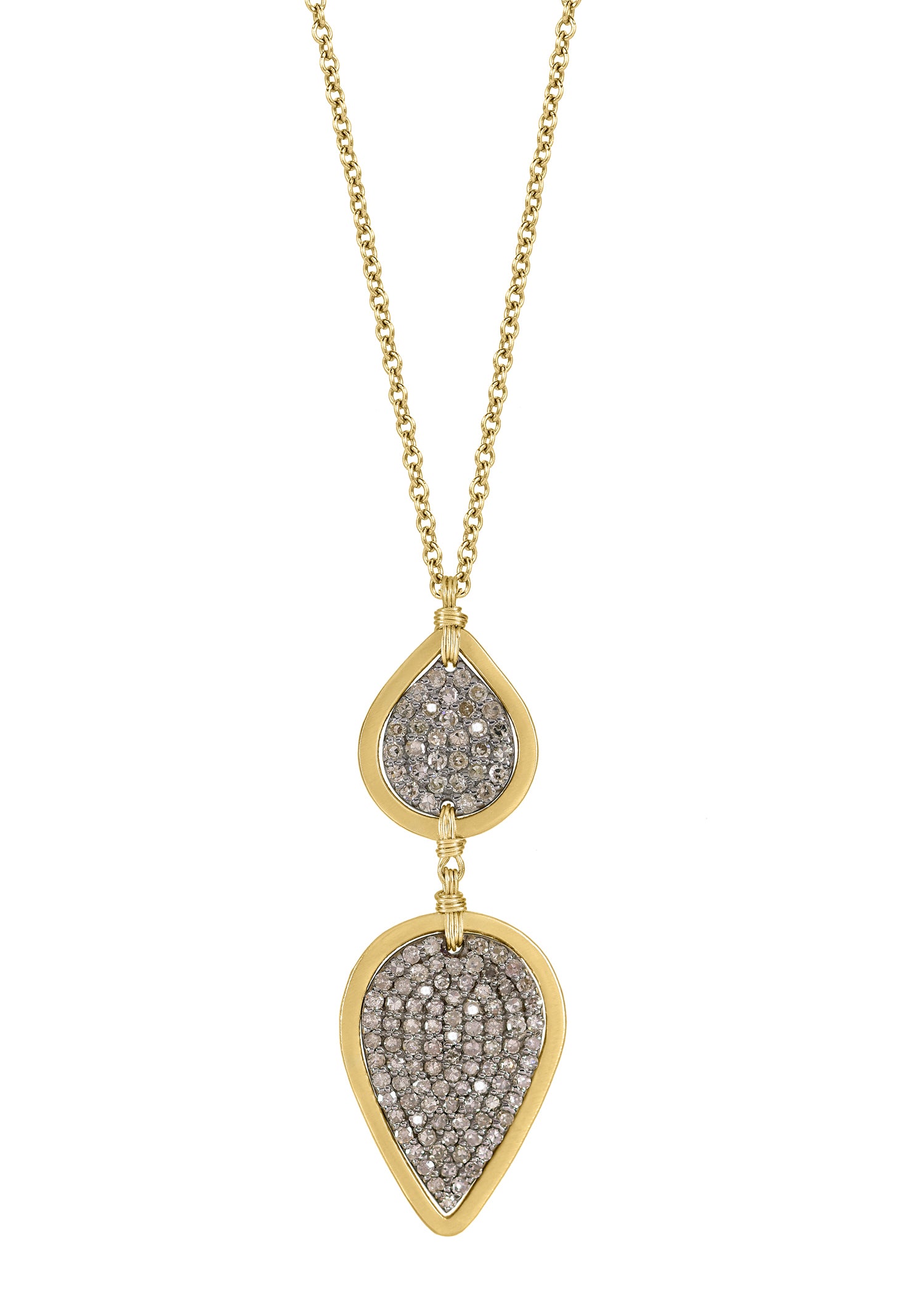 Diamond necklace with two hand wire-wrapped 14k gold teardrop pendants featuring pave diamonds on a delicate chain.