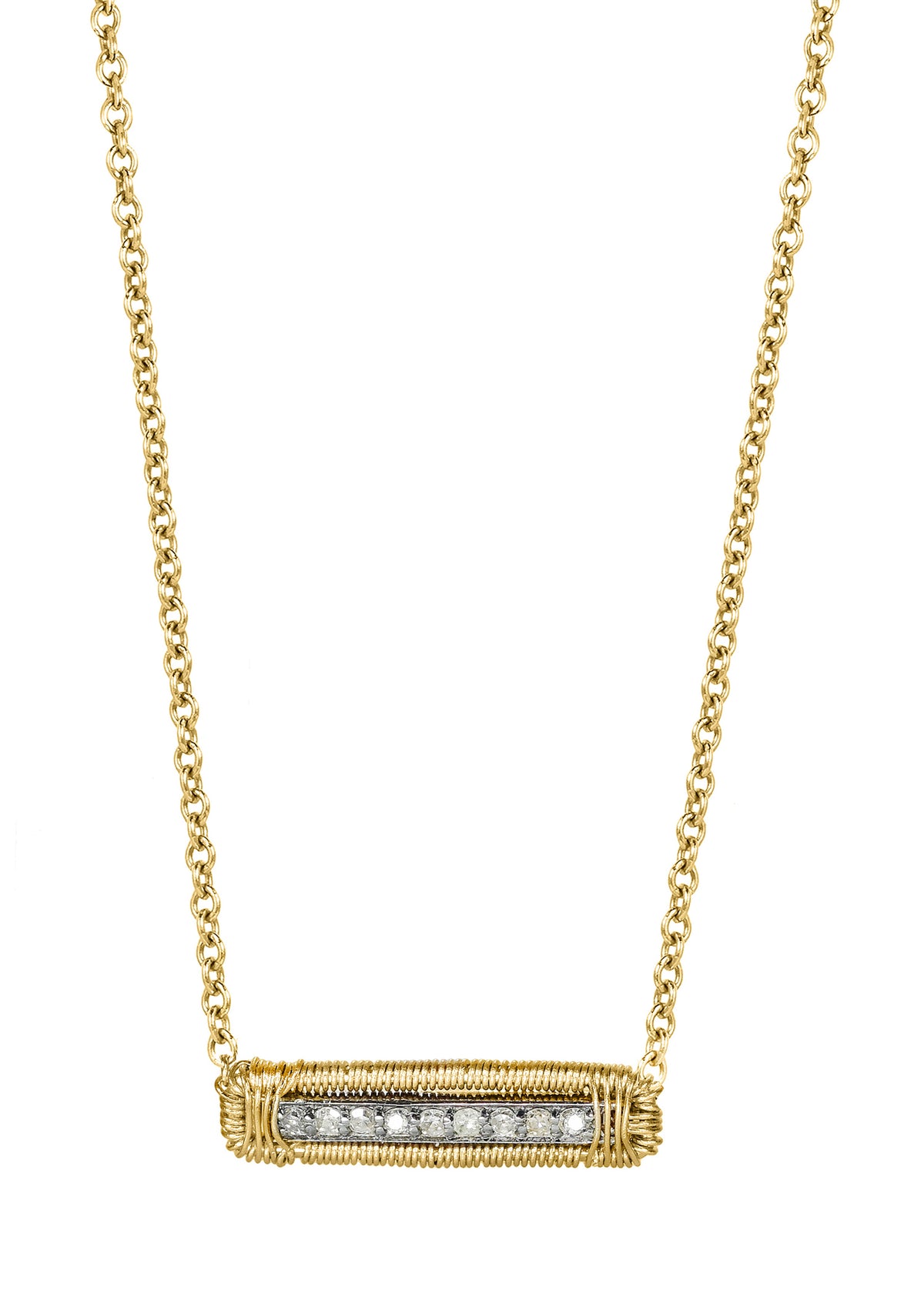 Diamond necklace in 14k gold and sterling silver with a hand wire-wrapped rectangular pendant on a 16-inch chain.