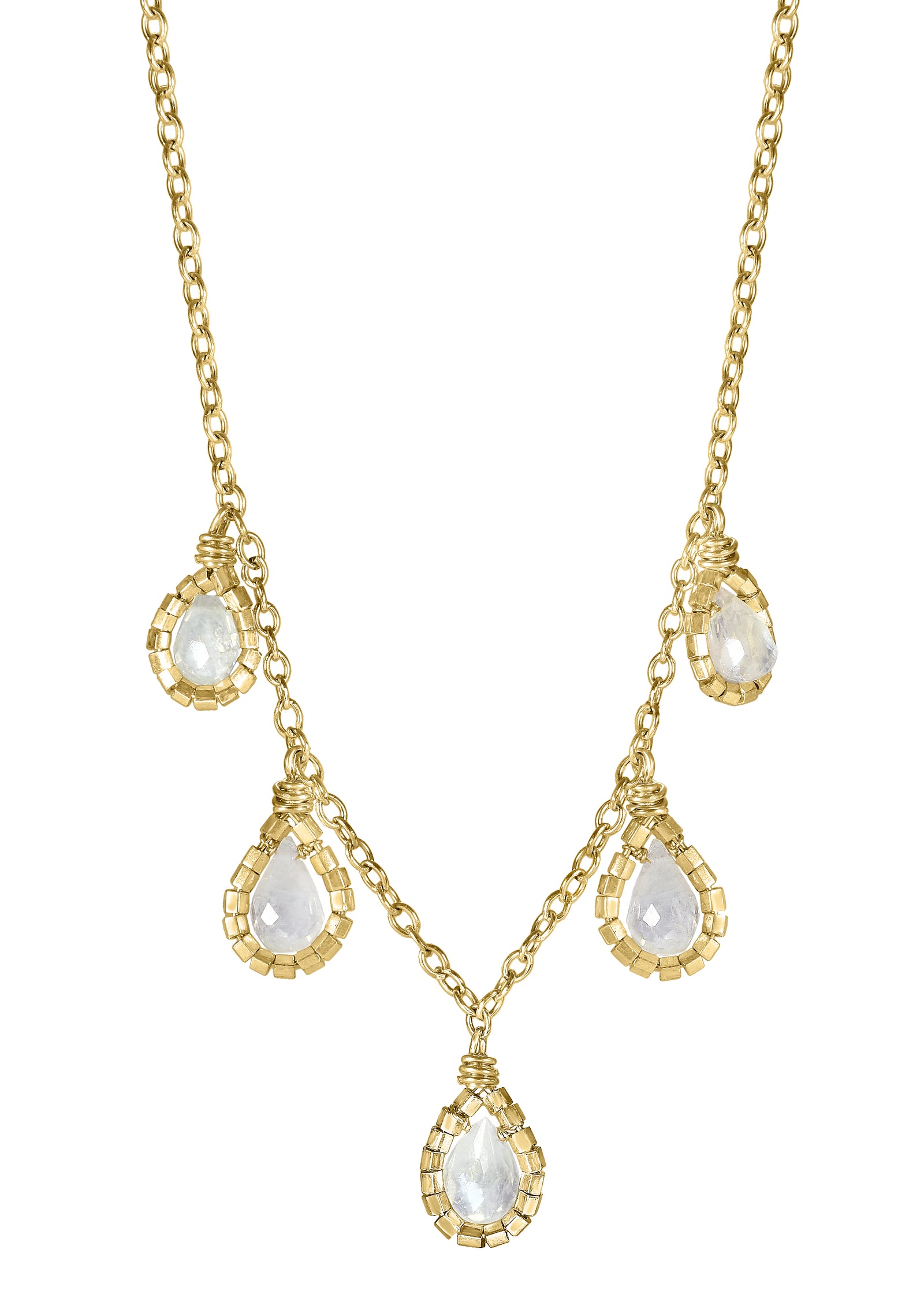 Beaded bib necklace with rainbow moonstone briolettes, hand wire-wrapped in 14k gold fill with faceted gold seed beads.