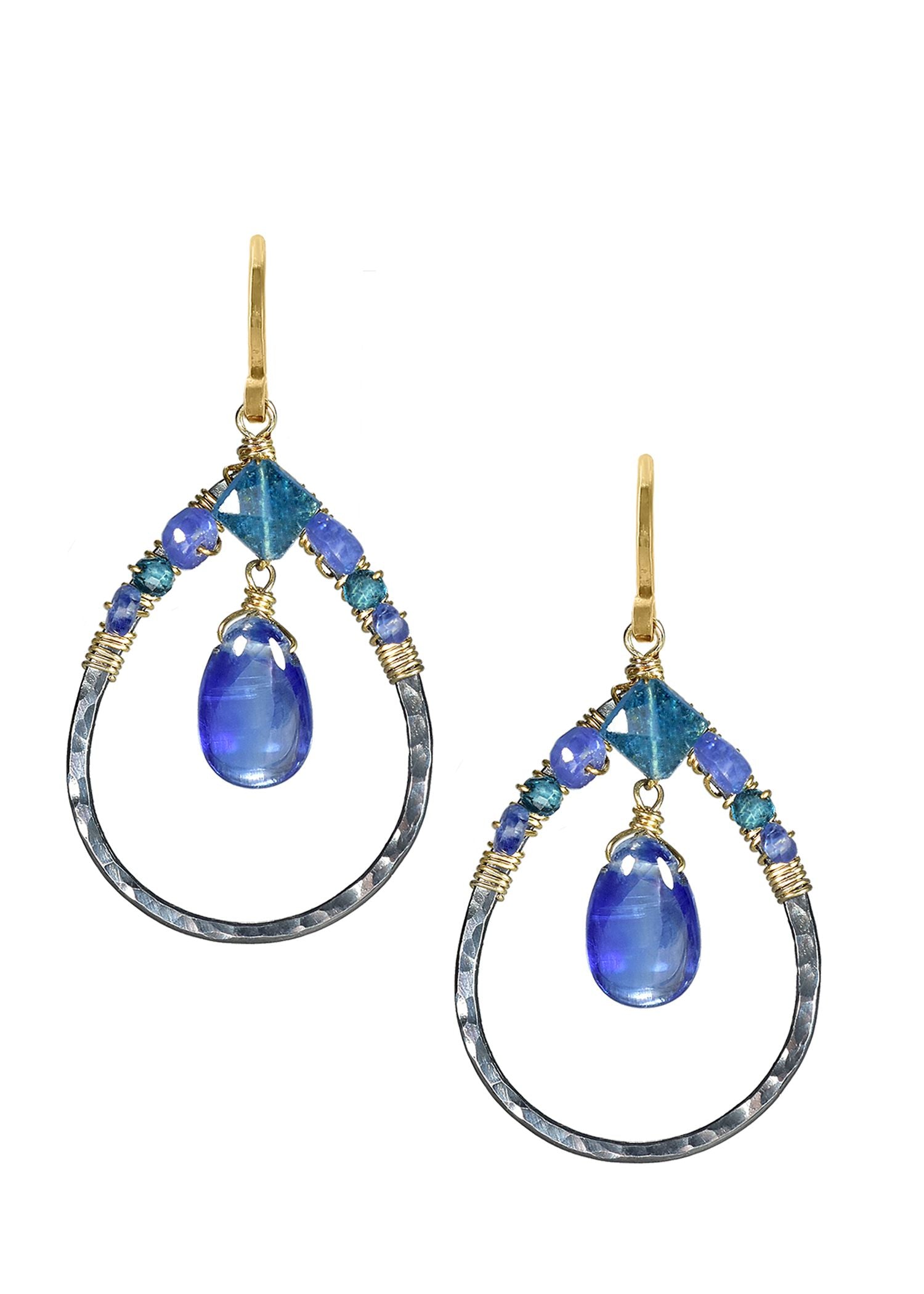 Belle earrings with London blue topaz, kyanite, and blue quartz, 14k gold fill, and blackened sterling silver hoops.