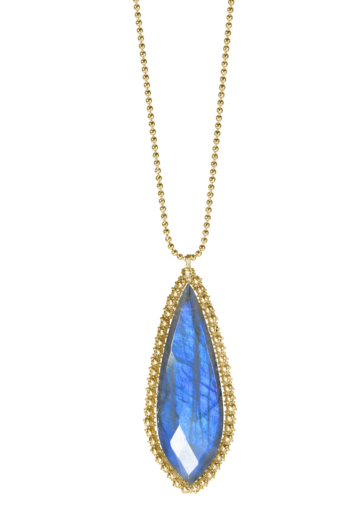 Labradorite pendant necklace in 14k gold fill with a flame-shaped stone and hand wire-wrapped gold bead frame on ball chain.