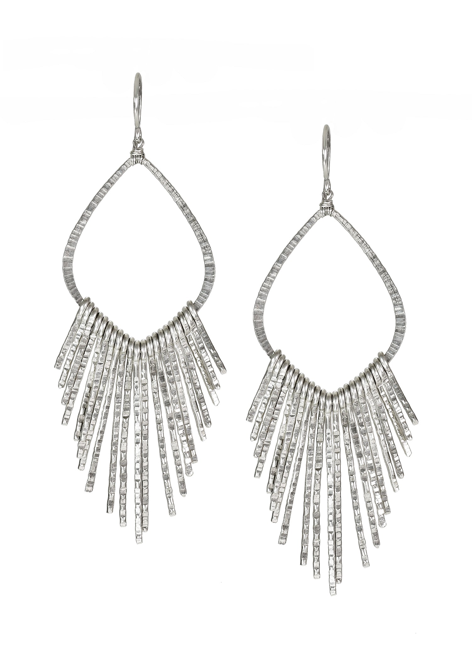 Sterling silver fan earrings featuring textured flame-shaped hoops and dangling silver fringe bars.