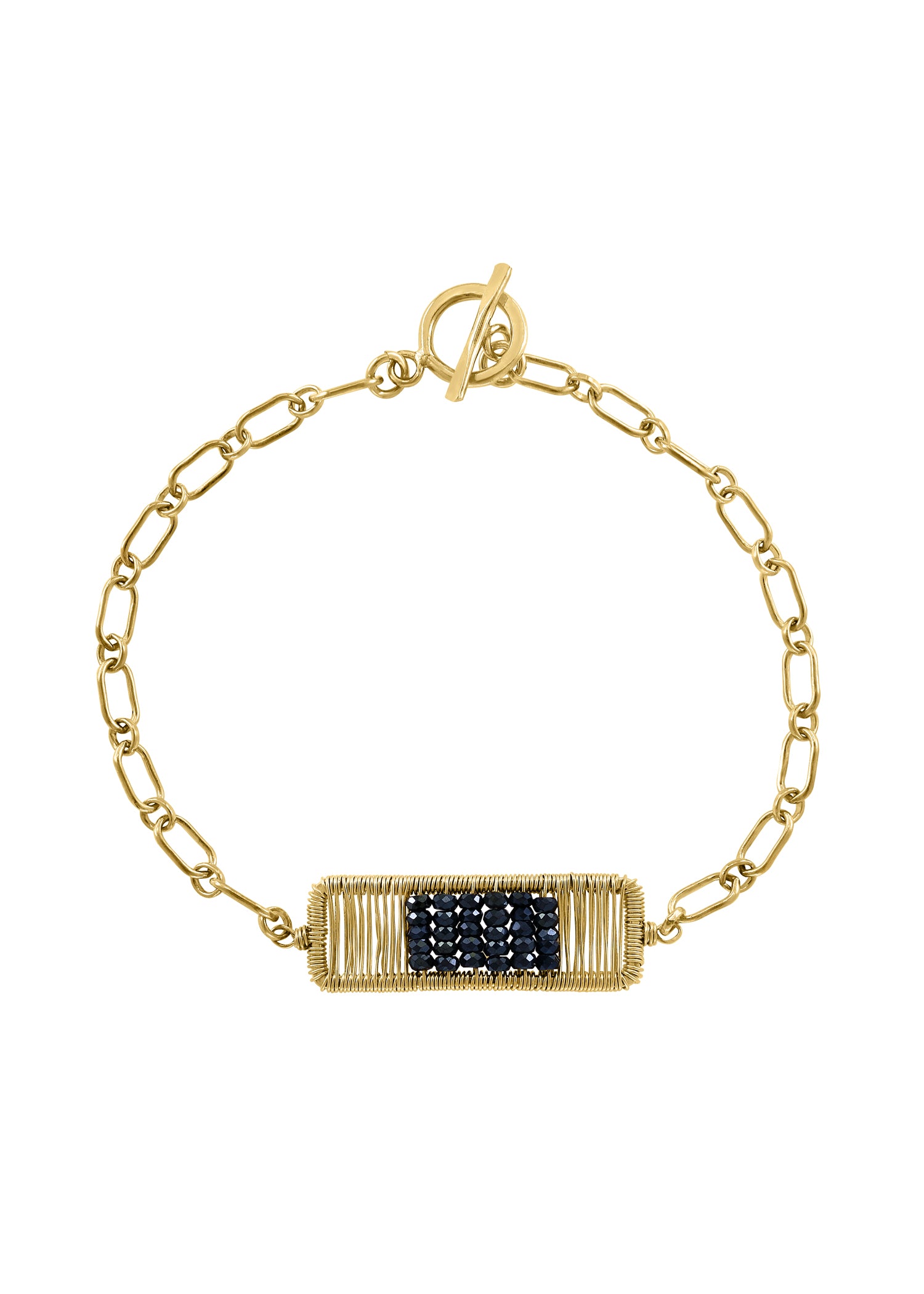 Black spinel bracelet with a hand wire-wrapped 14k gold fill rectangular pendant on a chain with a toggle clasp.