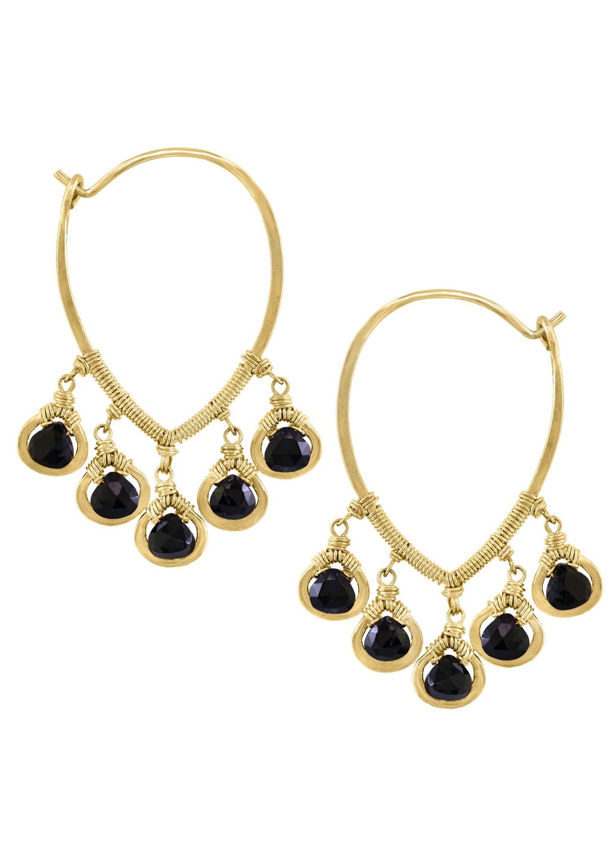 Black spinel drop earrings in 14k gold fill with hand wire-wrapped inverted teardrop hoops and hammered frames.