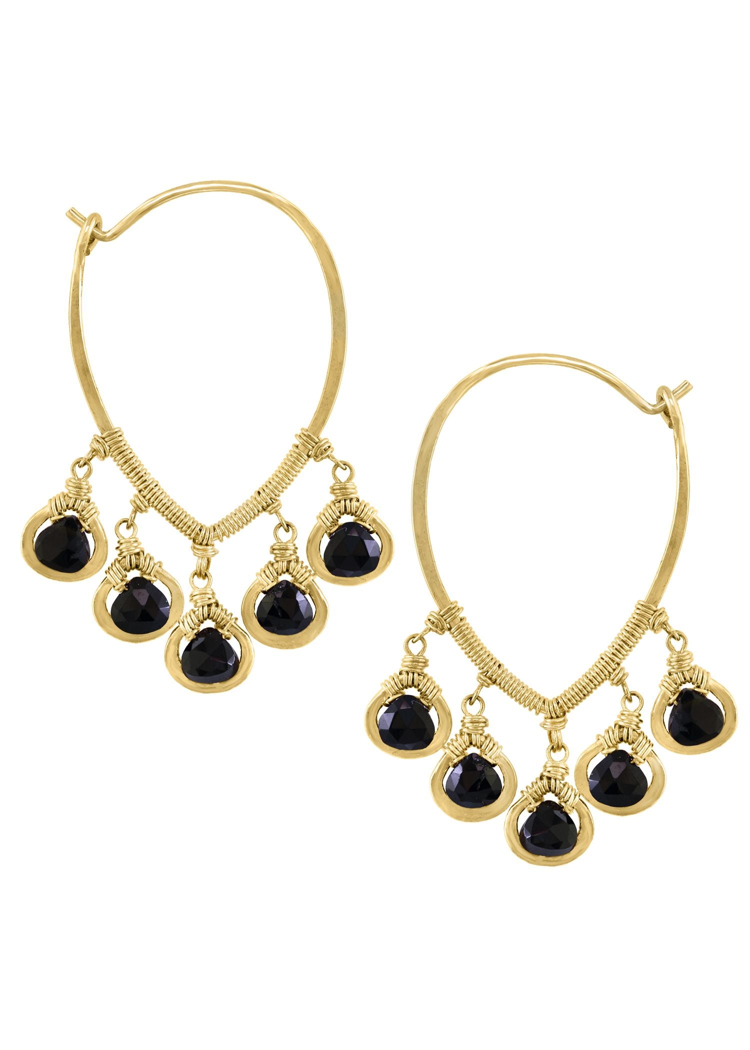 Black spinel drop earrings in 14k gold fill with hand wire-wrapped inverted teardrop hoops and hammered frames.