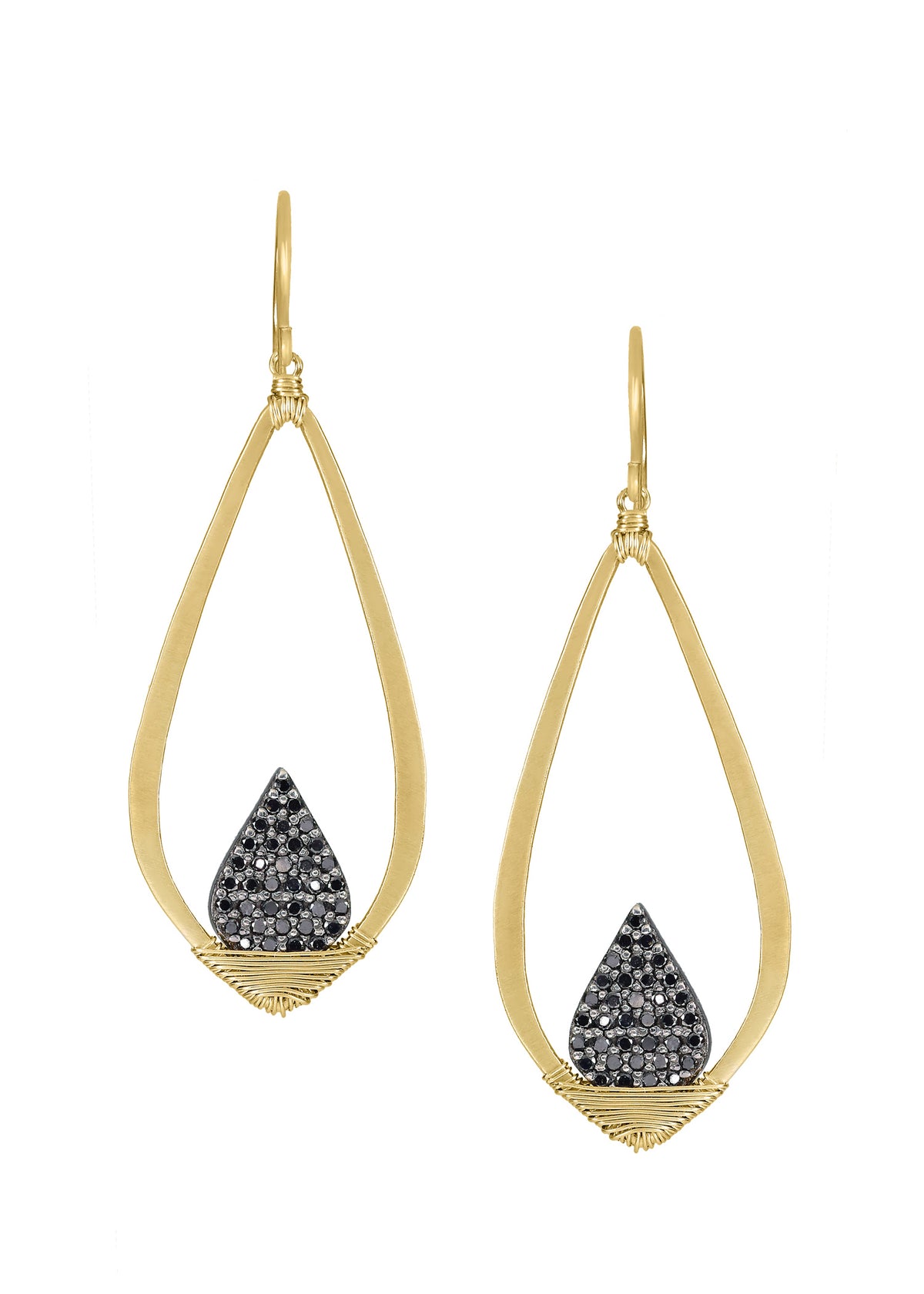 Black diamond earrings in 14k gold and sterling silver, featuring hand wire-wrapped teardrop frames.
