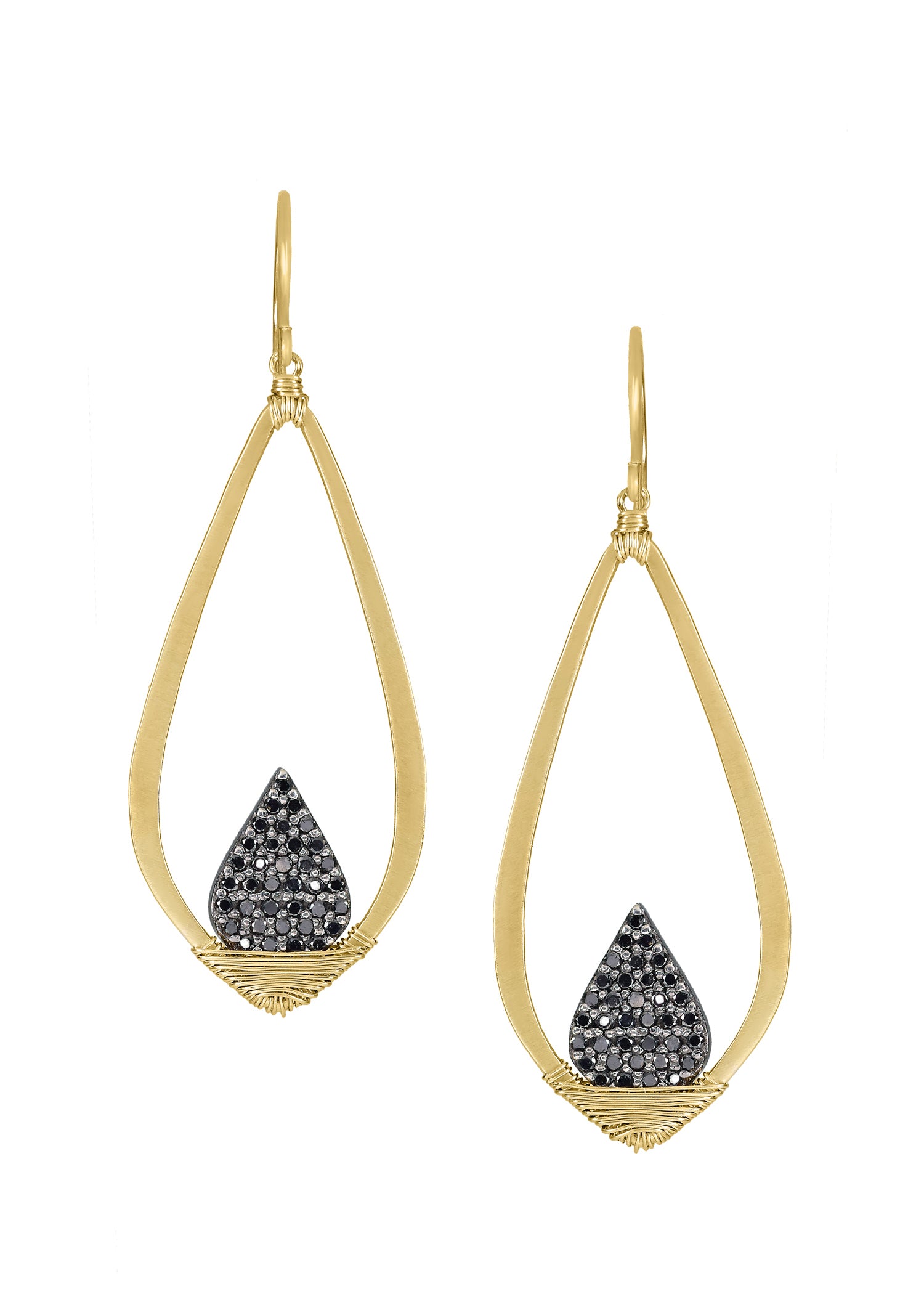 Black diamond earrings in 14k gold and sterling silver, featuring hand wire-wrapped teardrop frames.