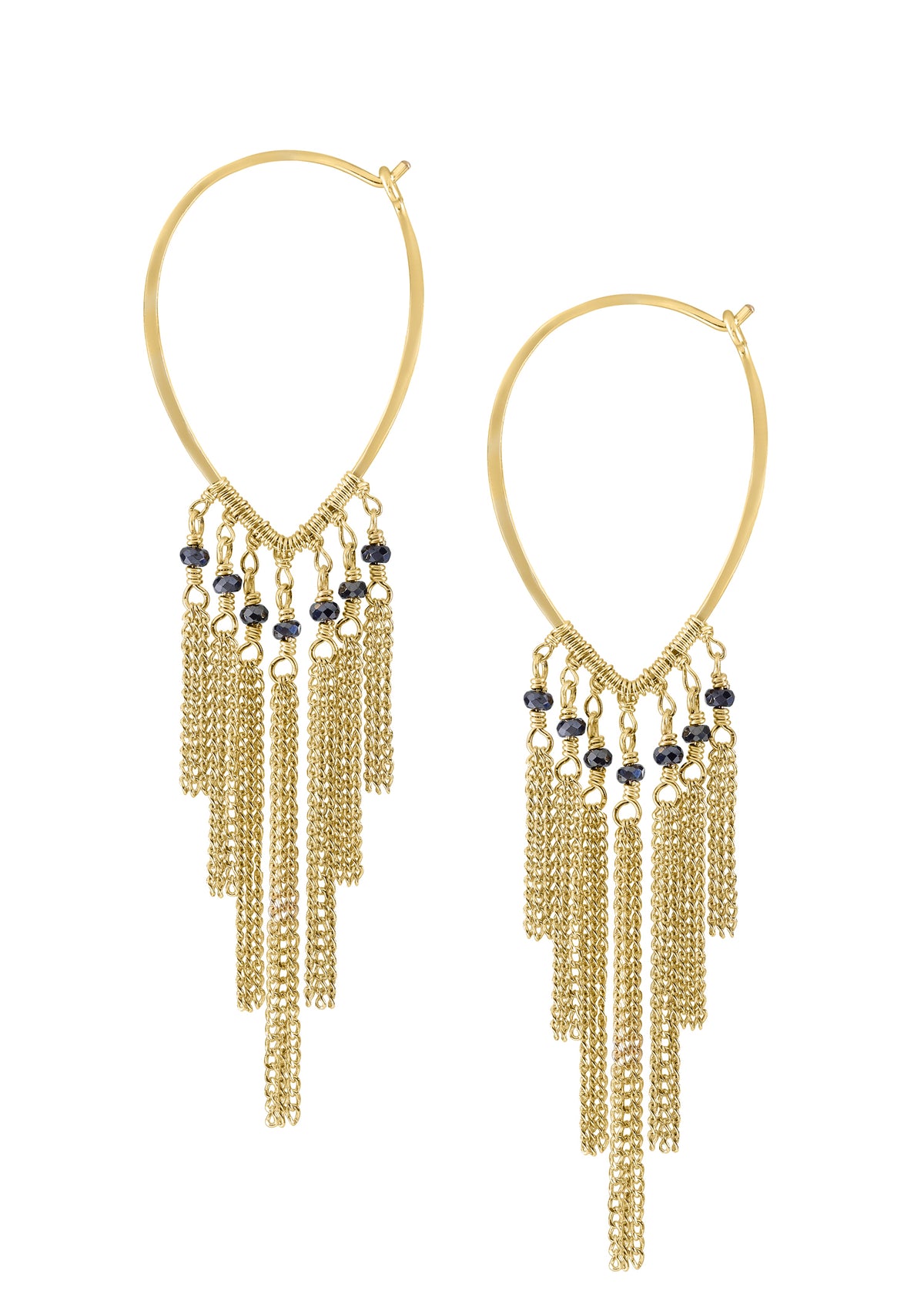 Black spinel tassel hoop earrings in 14k gold fill with hand wire-wrapped details and cascading gold chains.