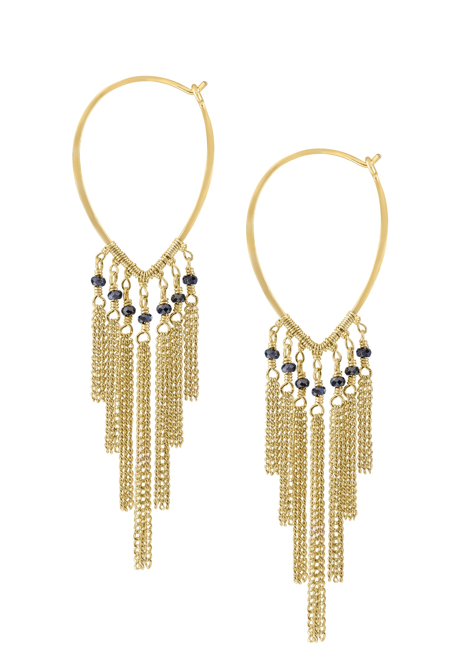 Black spinel tassel hoop earrings in 14k gold fill with hand wire-wrapped details and cascading gold chains.