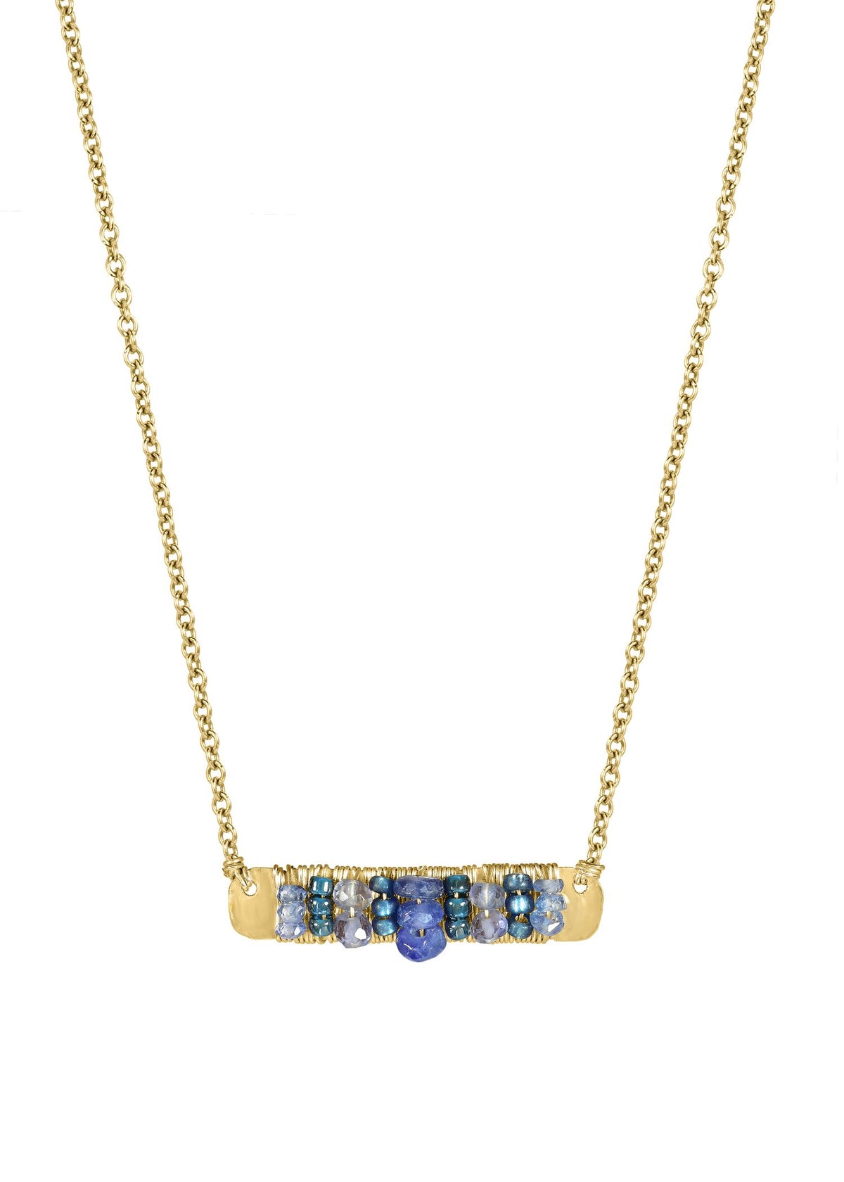 Blue bar necklace with sapphire, kyanite, and tanzanite seed beads on a 14k gold fill chain with hand wire-wrapped detail.