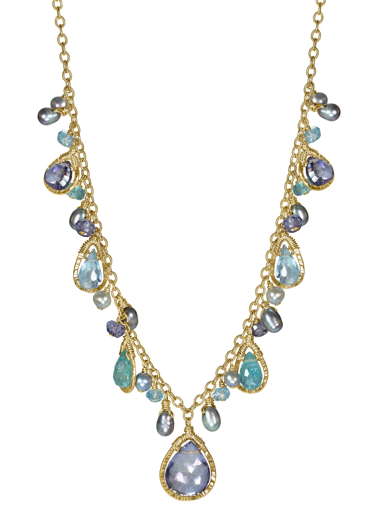 Bib necklace with blue quartz, apatite, topaz, iolite, and freshwater pearl, hand wire-wrapped in 14k gold fill.