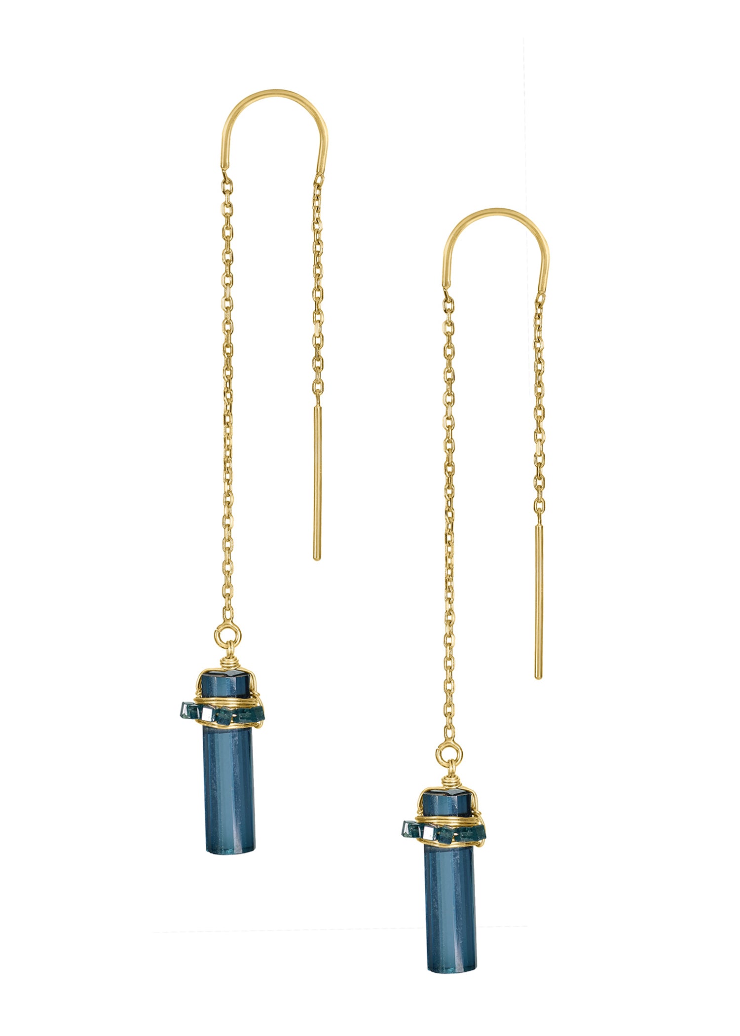 Threader earrings with blue diamond quartz in 14k gold, featuring hand wire-wrapped barrel-shaped stones.