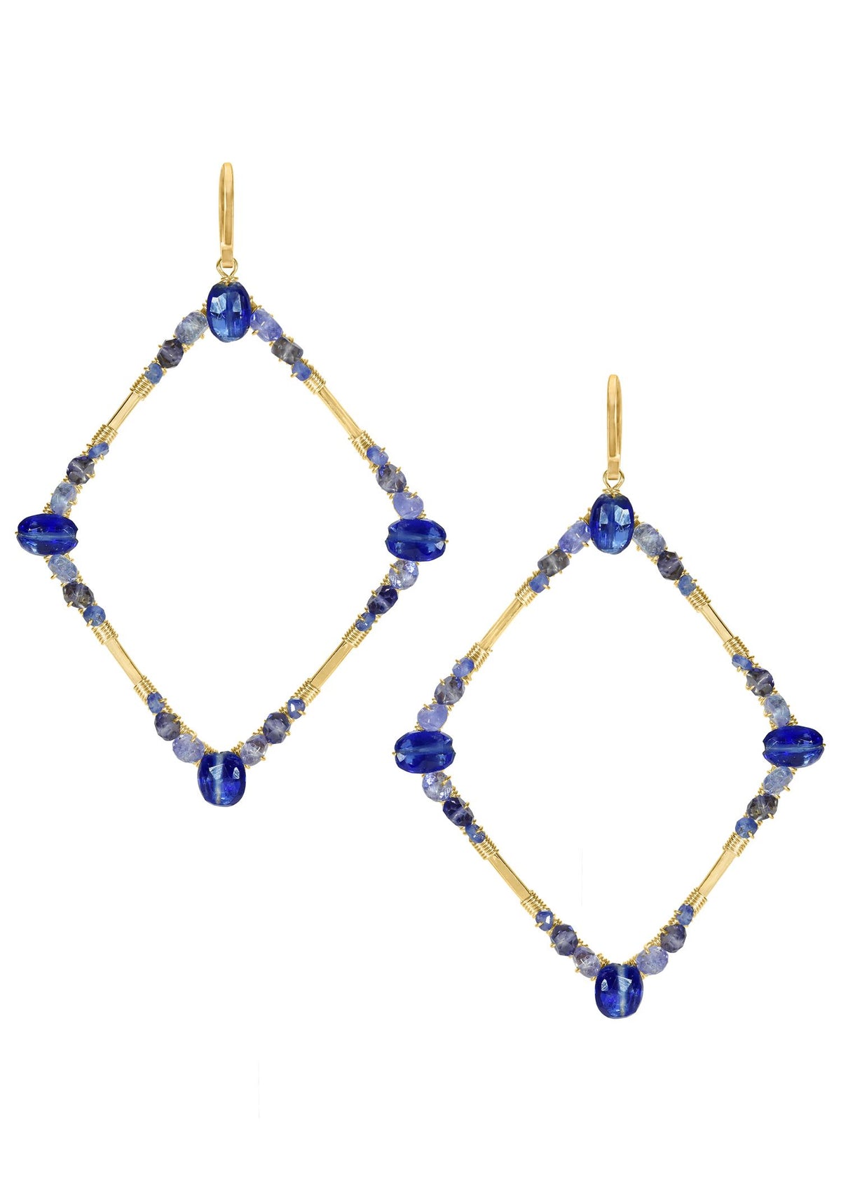 Kyanite earrings with sapphire, tanzanite, and iolite on hand wire-wrapped 14k gold fill diamond-shaped frames.
