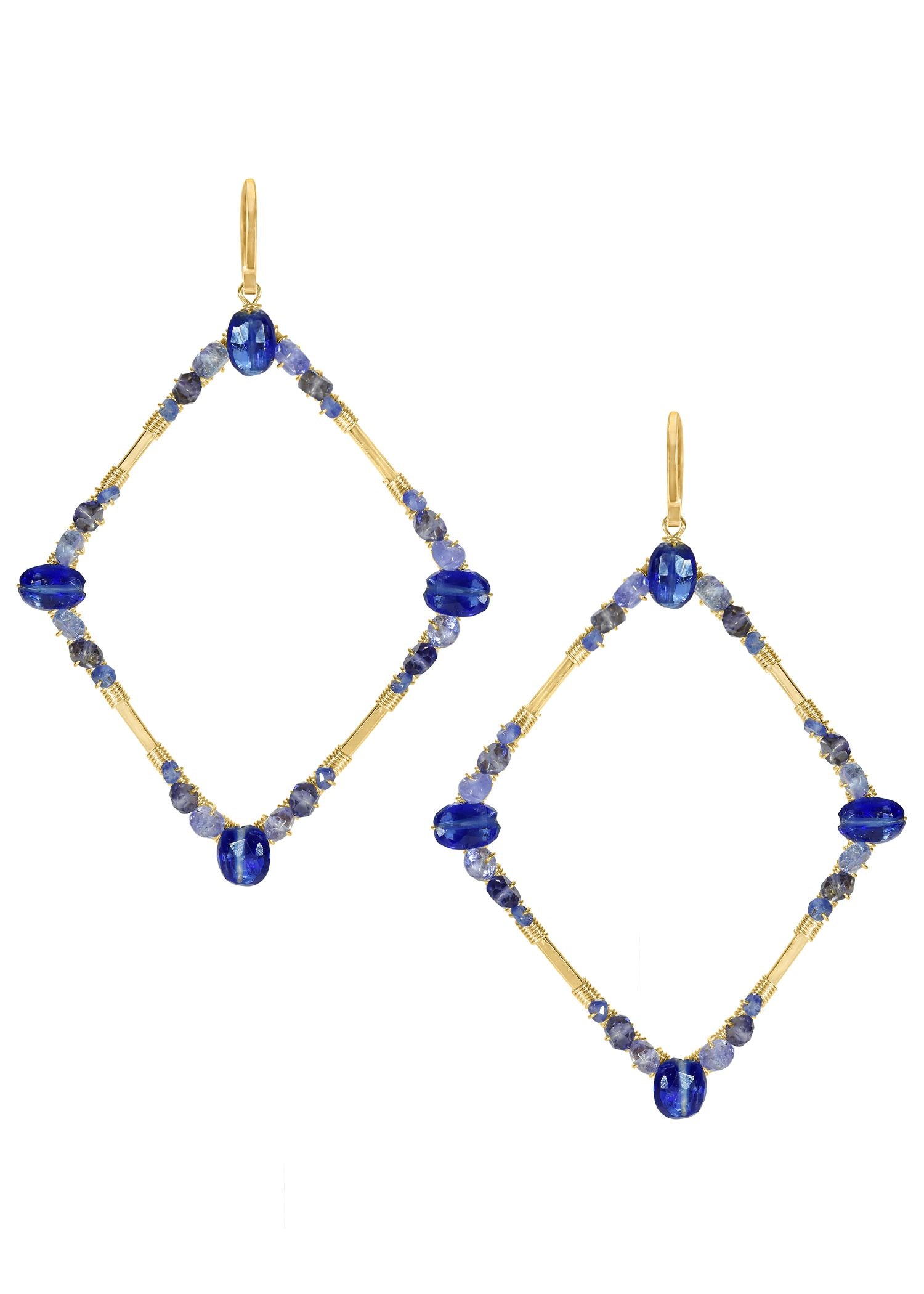 Kyanite earrings with sapphire, tanzanite, and iolite on hand wire-wrapped 14k gold fill diamond-shaped frames.