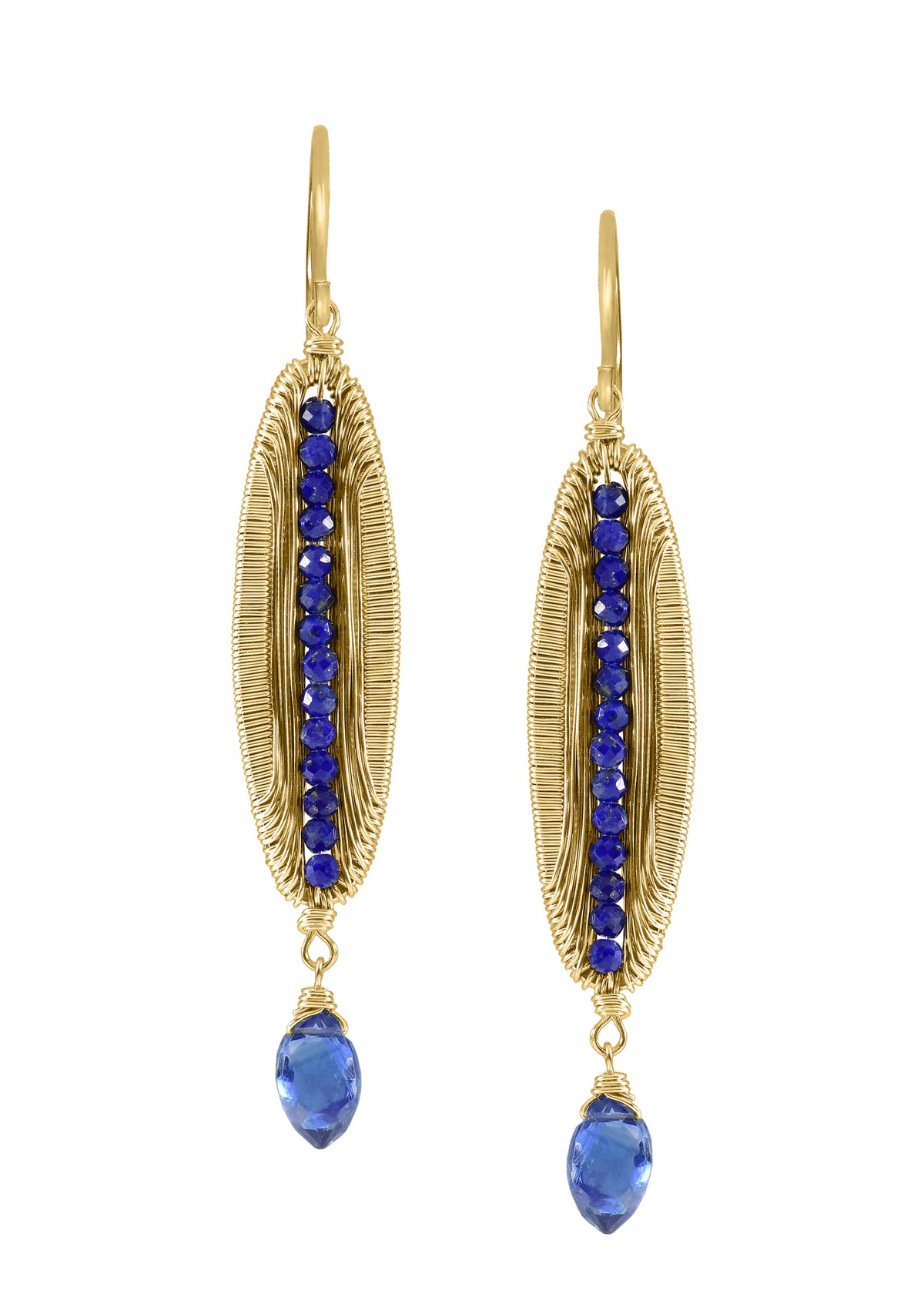 Lapis and Kyanite earrings in 14k gold fill with hand wire-wrapped, pod-shaped designs and vibrant blue stones.