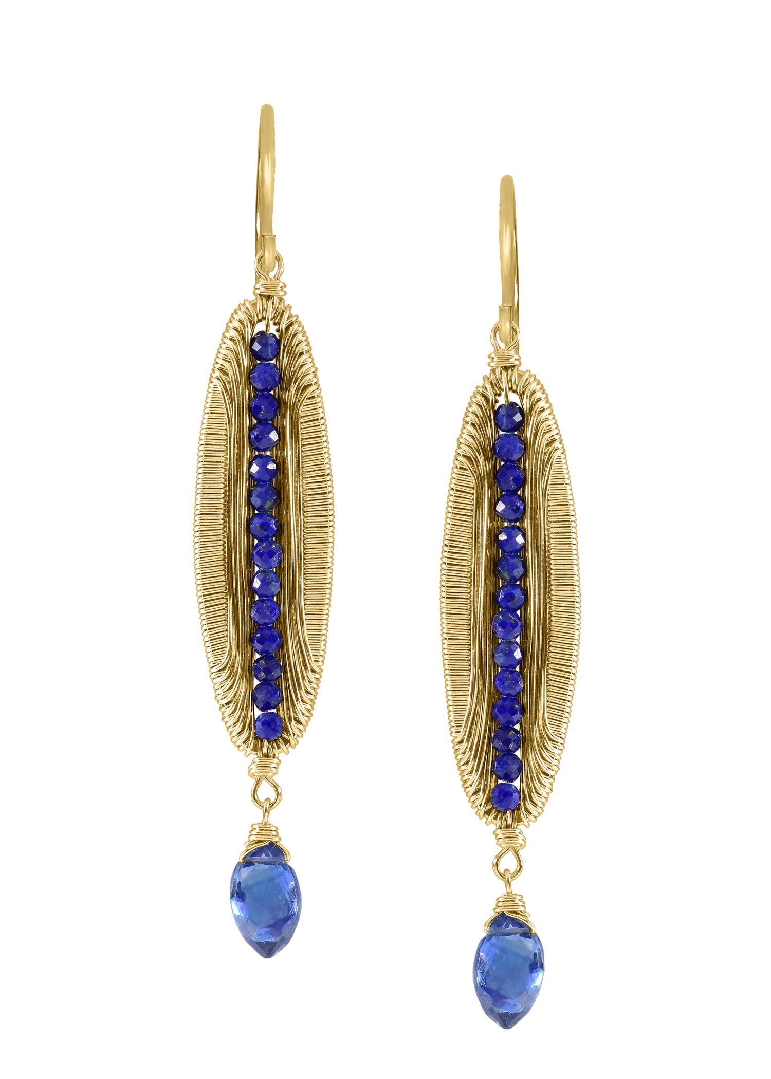 Lapis and Kyanite earrings in 14k gold fill with hand wire-wrapped, pod-shaped designs and vibrant blue stones.