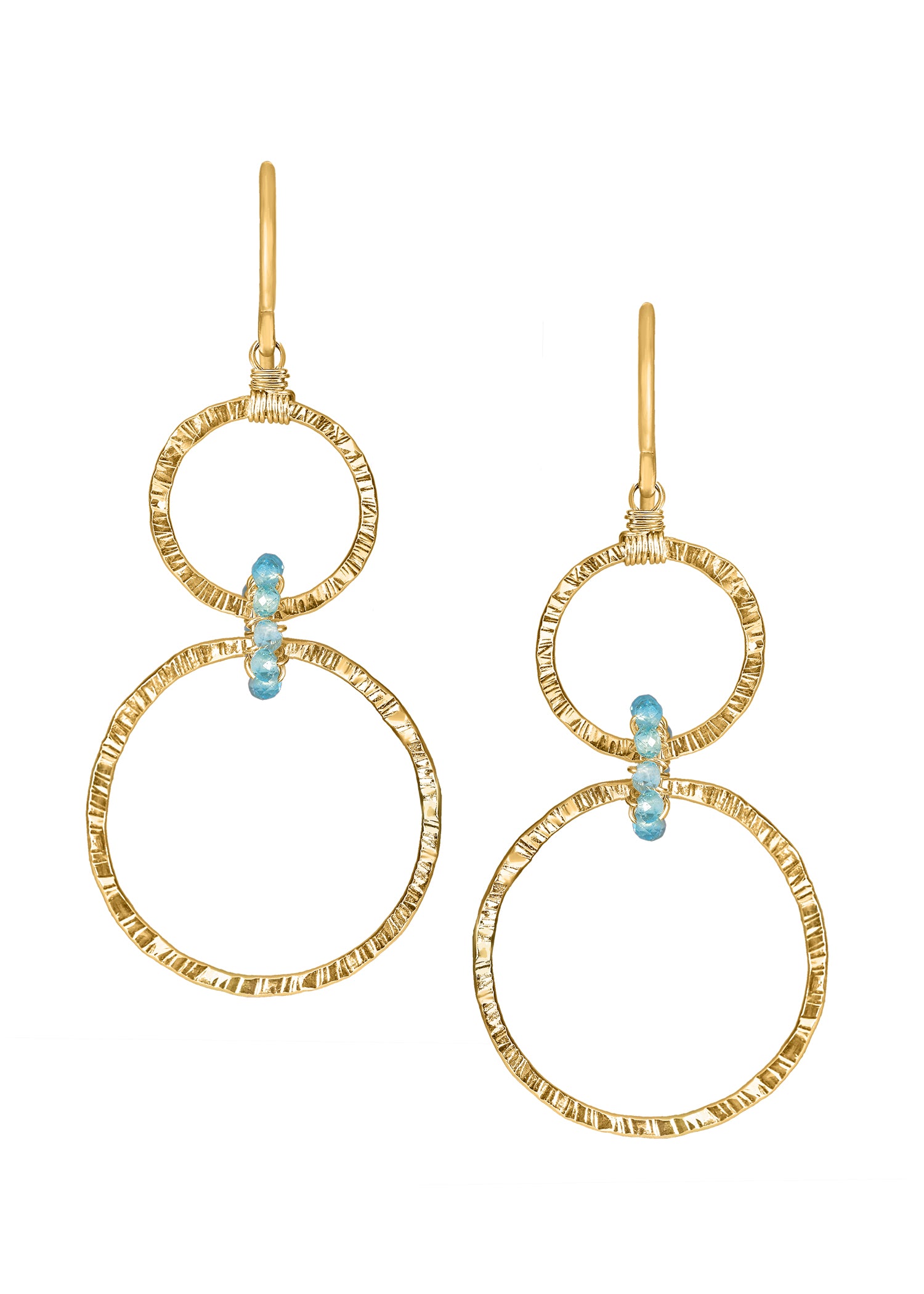Blue zircon earrings in 14k gold fill featuring hand-textured, interlocked double hoops with hand wire-wrapped details.