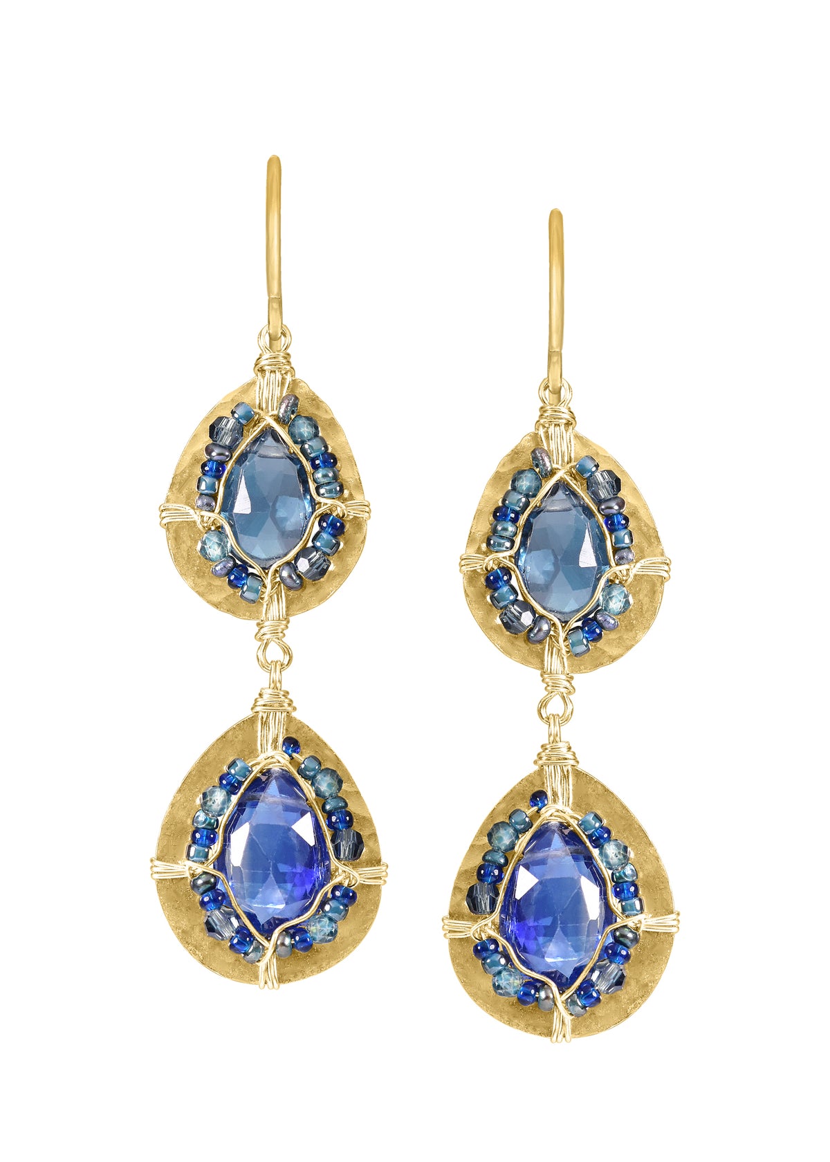 Double drop earrings with blue quartz and kyanite, 14k gold fill, hand wire-wrapped with blue seed beads.