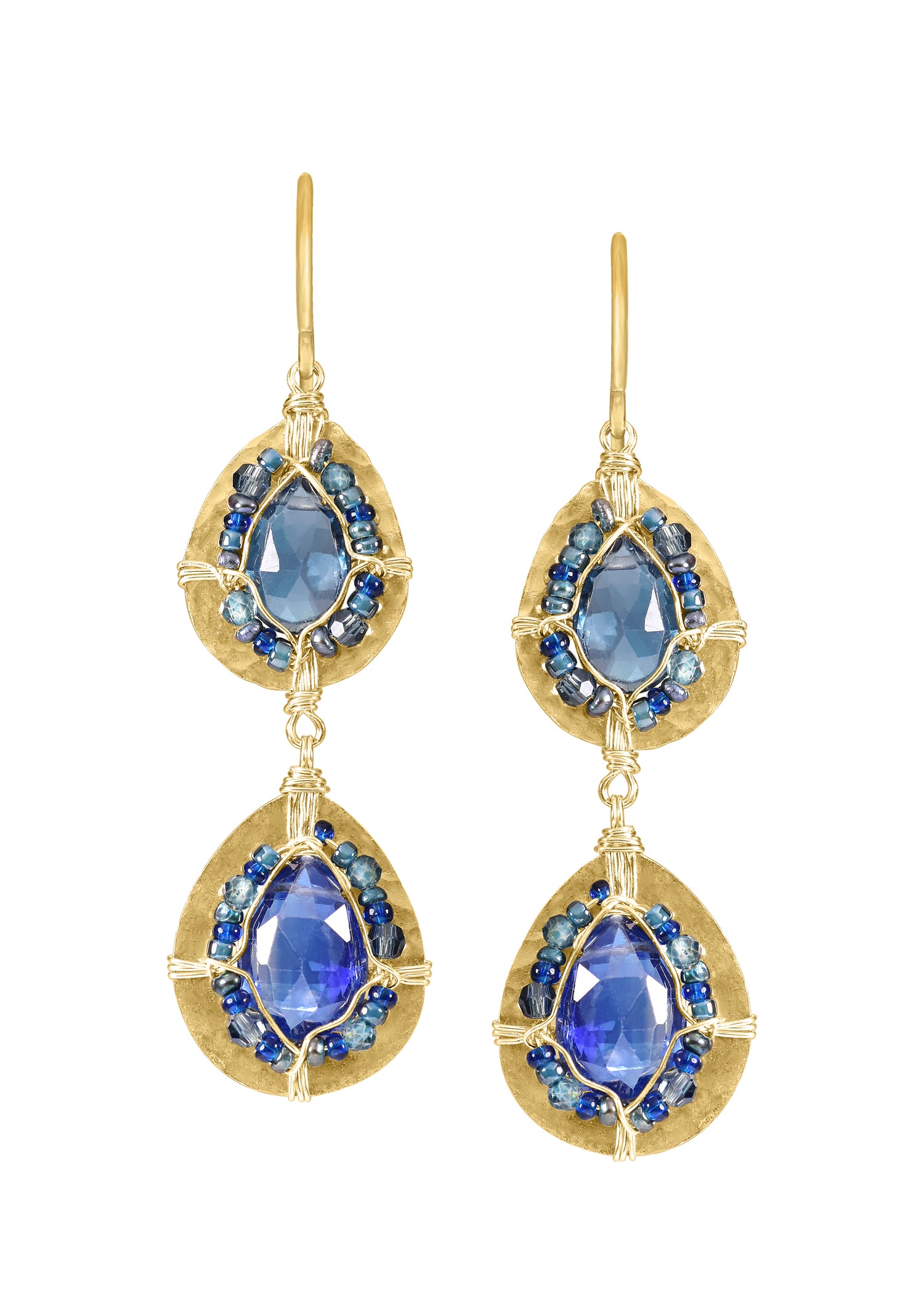 Double drop earrings with blue quartz and kyanite, 14k gold fill, hand wire-wrapped with blue seed beads.