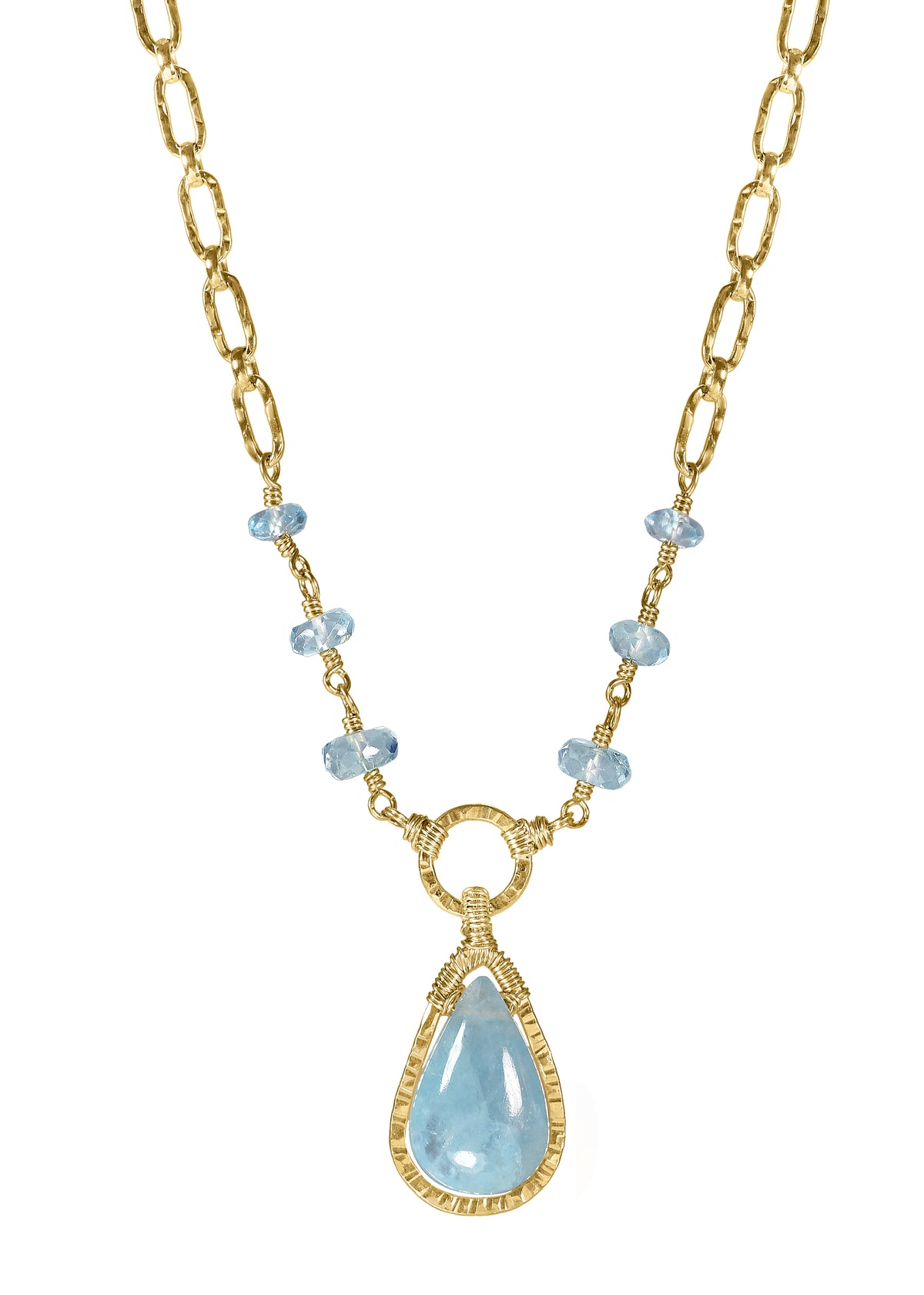 Aquamarine pendant necklace in 14k gold fill with hand wire-wrapped faceted rondelles on a textured chain.
