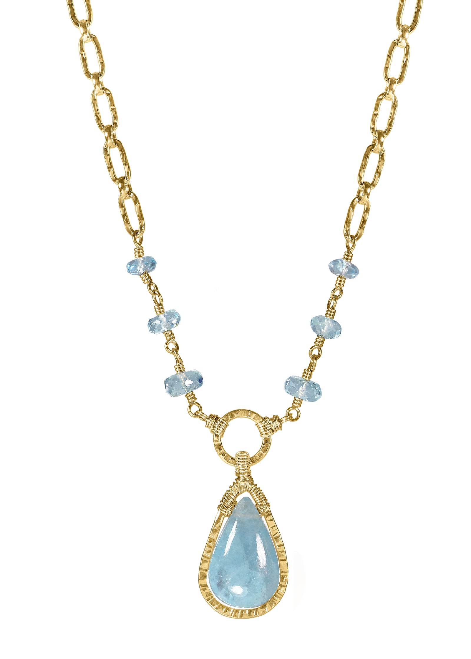 Aquamarine pendant necklace in 14k gold fill with hand wire-wrapped faceted rondelles on a textured chain.