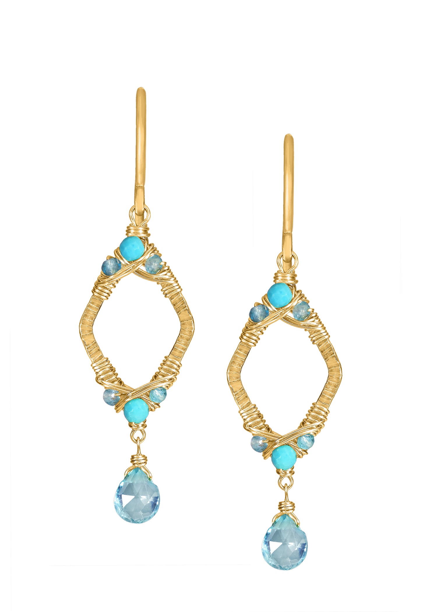 Apatite and turquoise earrings in 14k gold fill with hand wire-wrapped textured diamond shapes and blue zircon drops.