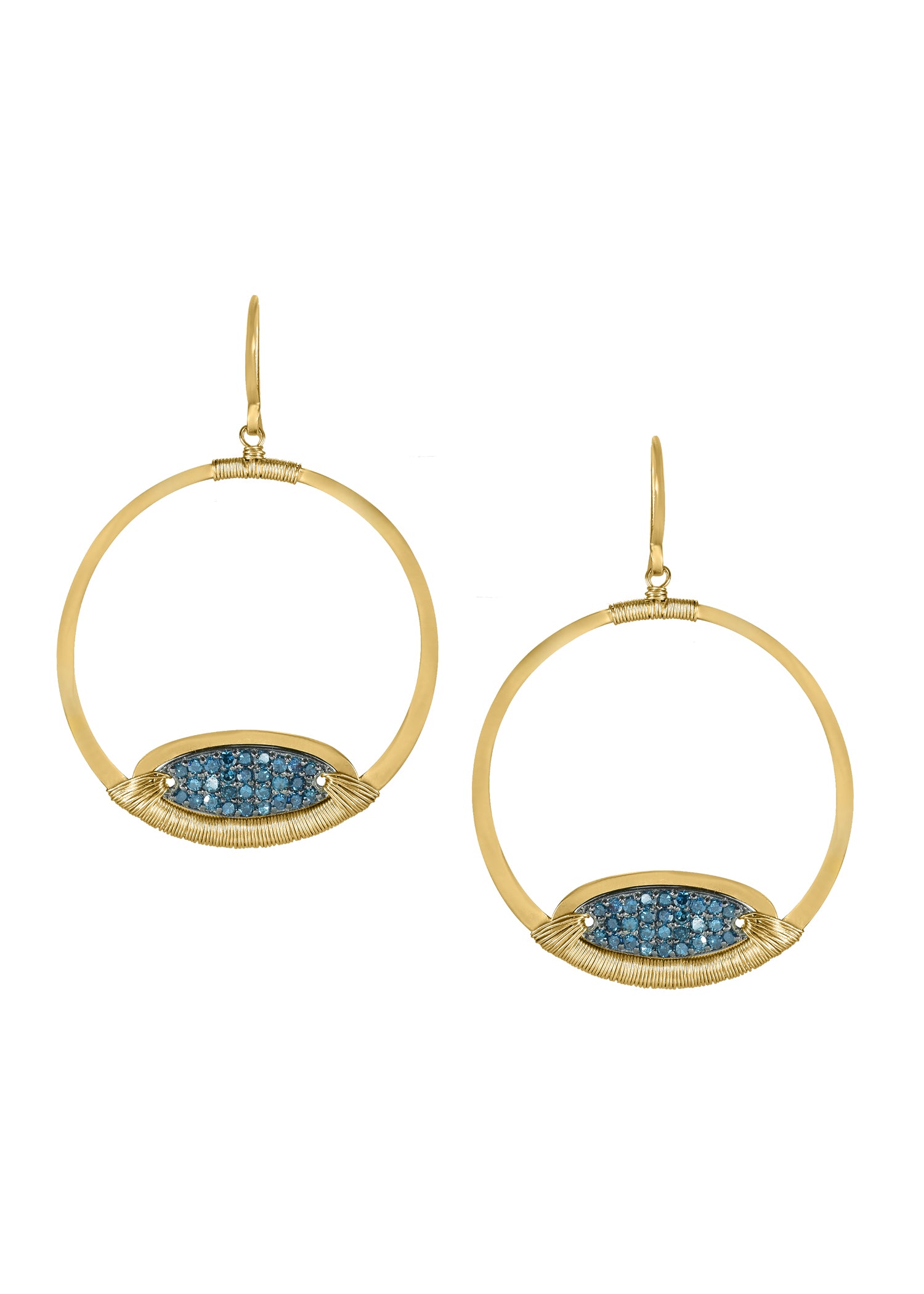 Blue diamond pave earrings in 14k gold with hand wire-wrapped oval accents on round hoops.