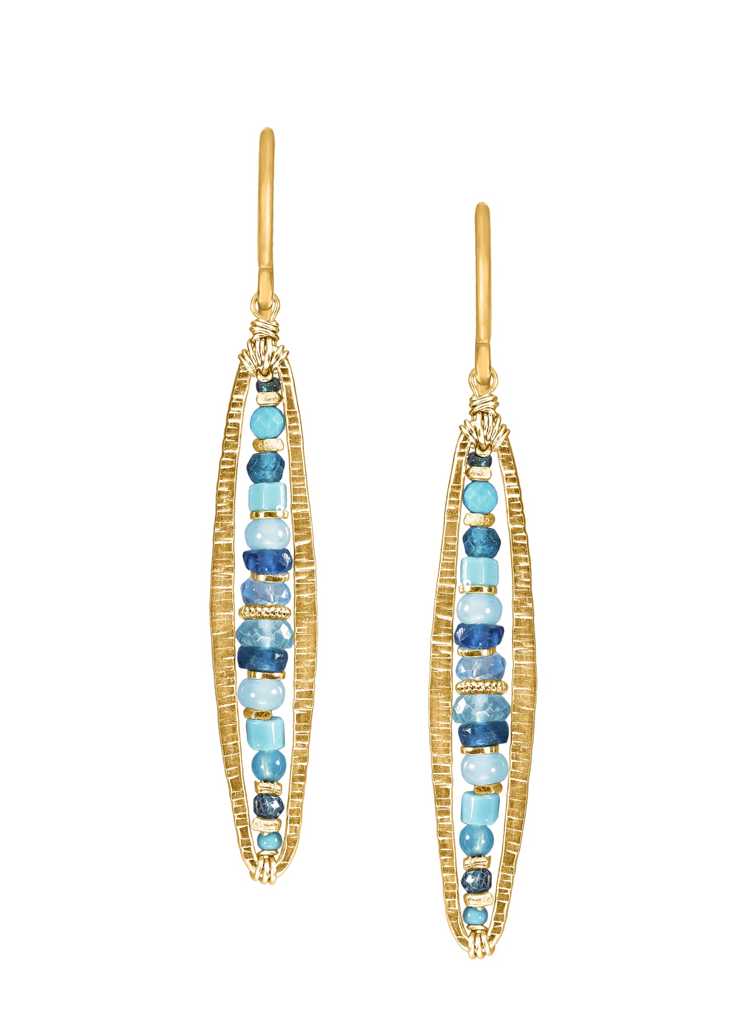 Bondi earrings with blue quartz, apatite, and turquoise in a hand-textured 14k gold fill marquis setting.